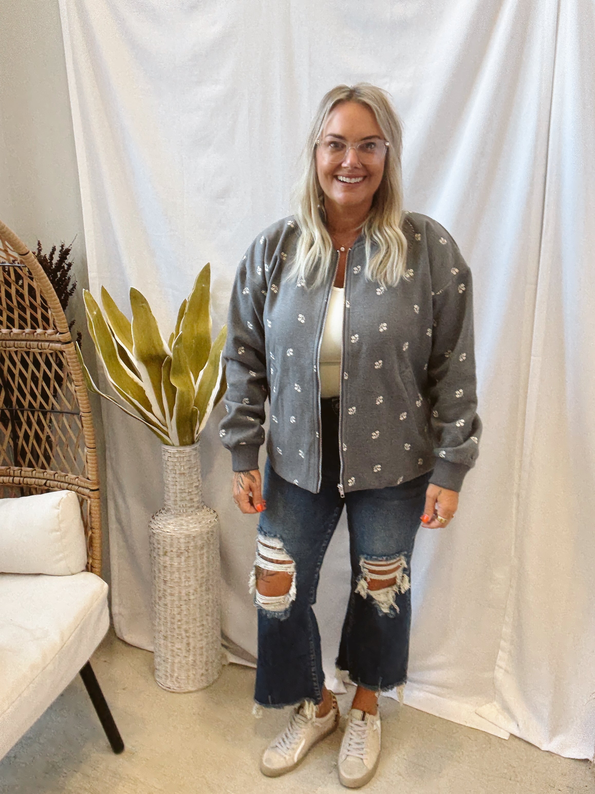 Grey Floral Embroidered Jacket-Final Sale-Coats & Jackets-hem and thread-The Silo Boutique, Women's Fashion Boutique Located in Warren and Grand Forks North Dakota