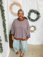 Mary Striped Mock Neck Sweatshirt-Choco-Sweatshirts-twentyfourth-The Silo Boutique, Women's Fashion Boutique Located in Warren and Grand Forks North Dakota