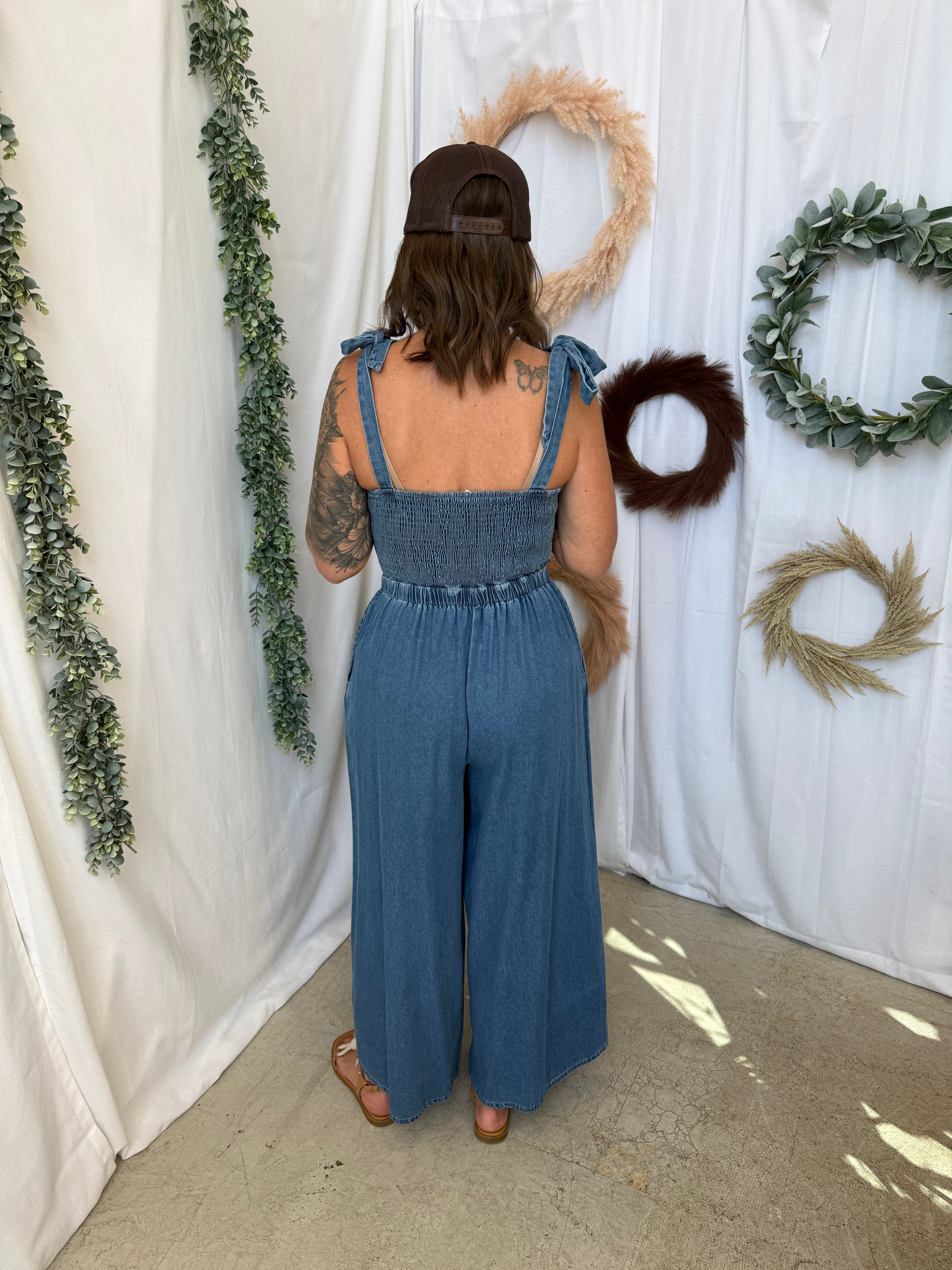 Denim Floral Jumpsuit-Jumpsuits & Rompers-peach love-The Silo Boutique, Women's Fashion Boutique Located in Warren and Grand Forks North Dakota
