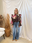 Deep Floral Printed Ruffle Trim Top-Long Sleeve Tops-oddi-The Silo Boutique, Women's Fashion Boutique Located in Warren and Grand Forks North Dakota