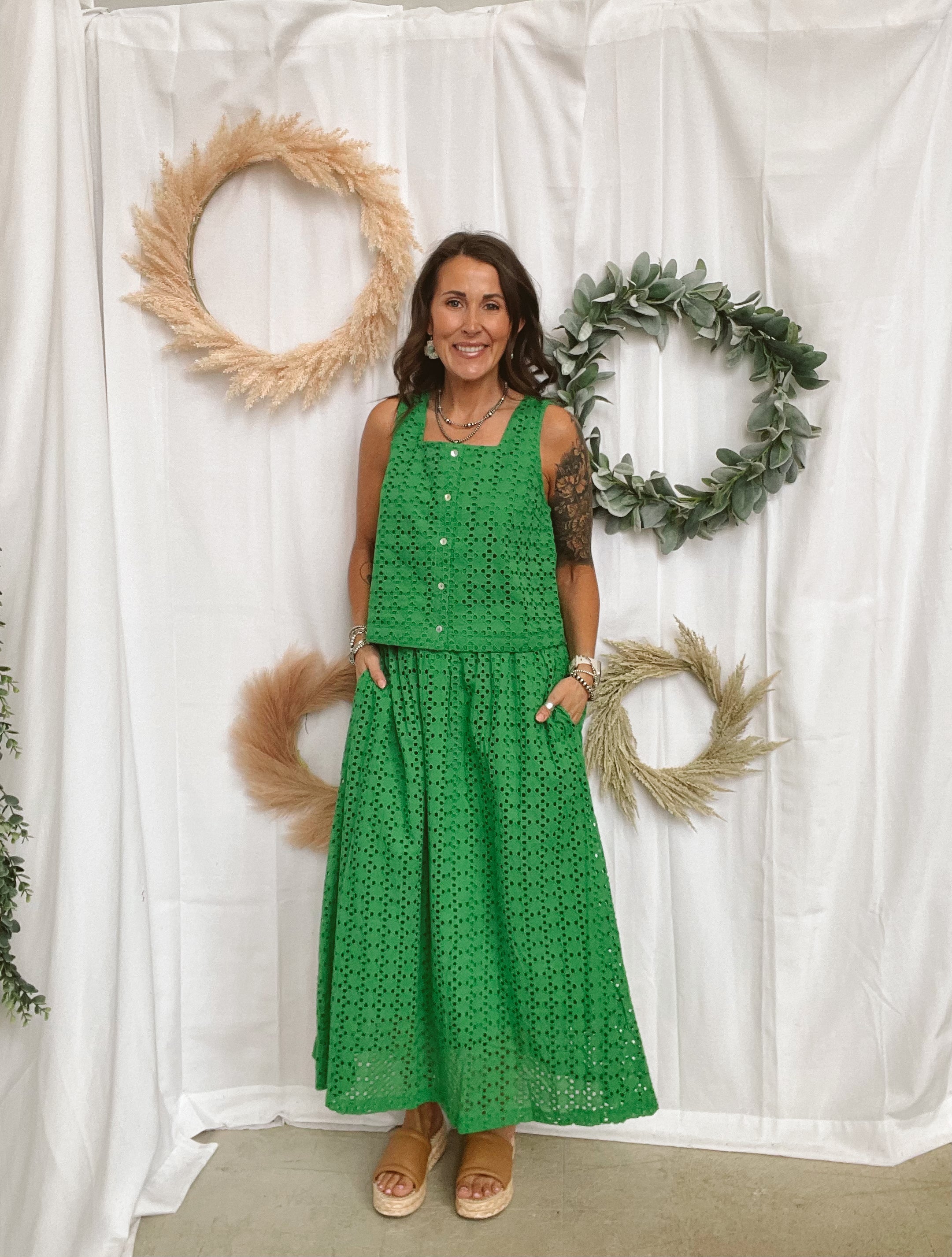Eyelet Button Tank Top-Green-Tank Tops-entro-The Silo Boutique, Women's Fashion Boutique Located in Warren and Grand Forks North Dakota