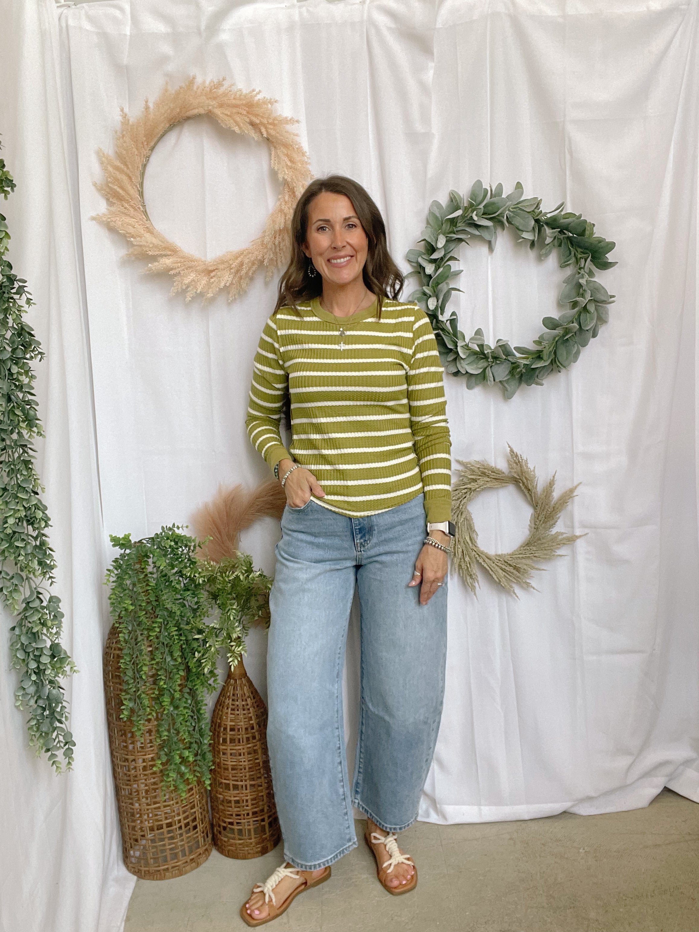 Muse Stripe Waffle Knit Top-Olive-Long Sleeve Tops-miou muse-The Silo Boutique, Women's Fashion Boutique Located in Warren and Grand Forks North Dakota