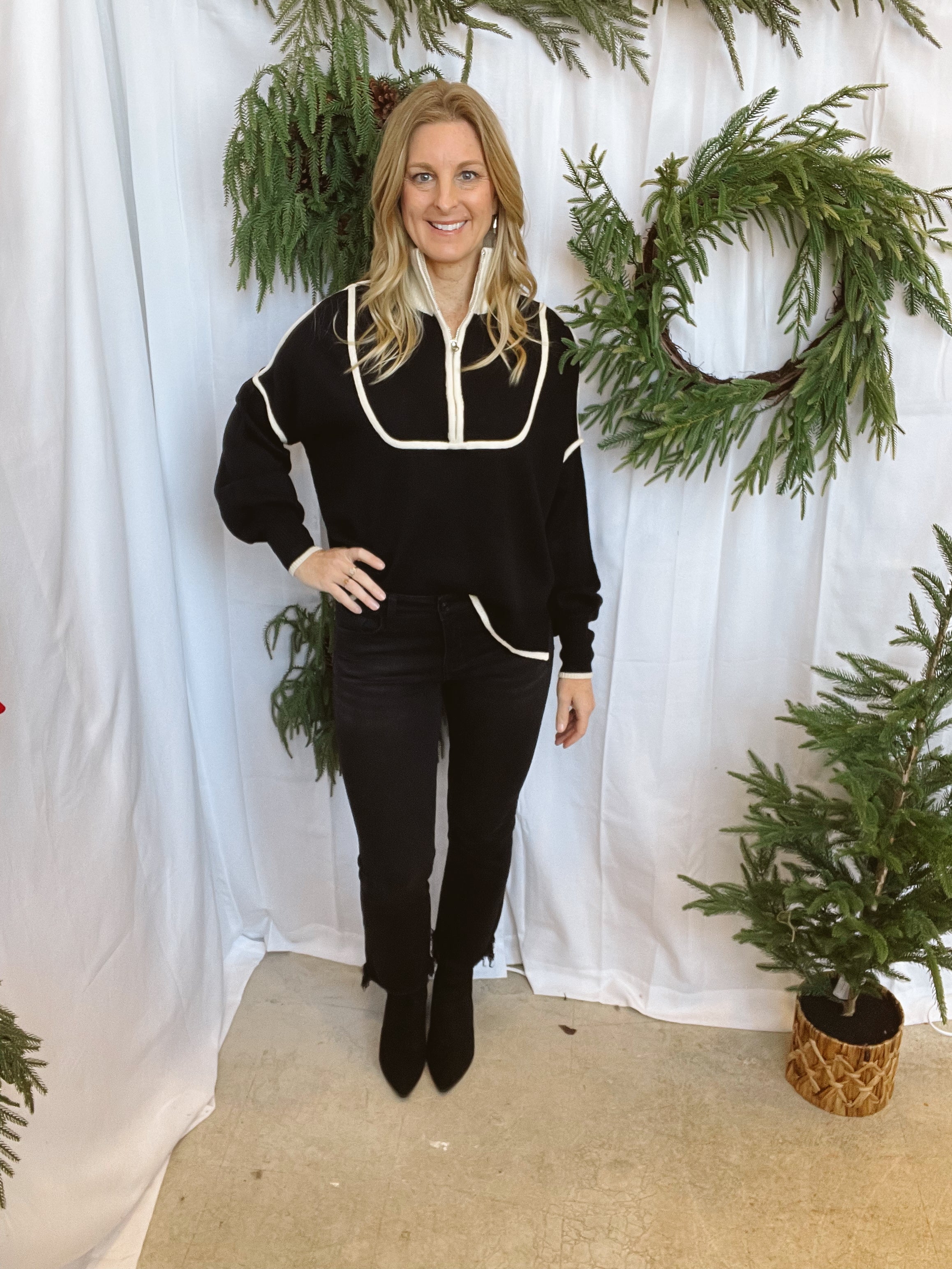 Black and Cream Quarter Zip Sweater-Sweaters-she and sky-The Silo Boutique, Women's Fashion Boutique Located in Warren and Grand Forks North Dakota