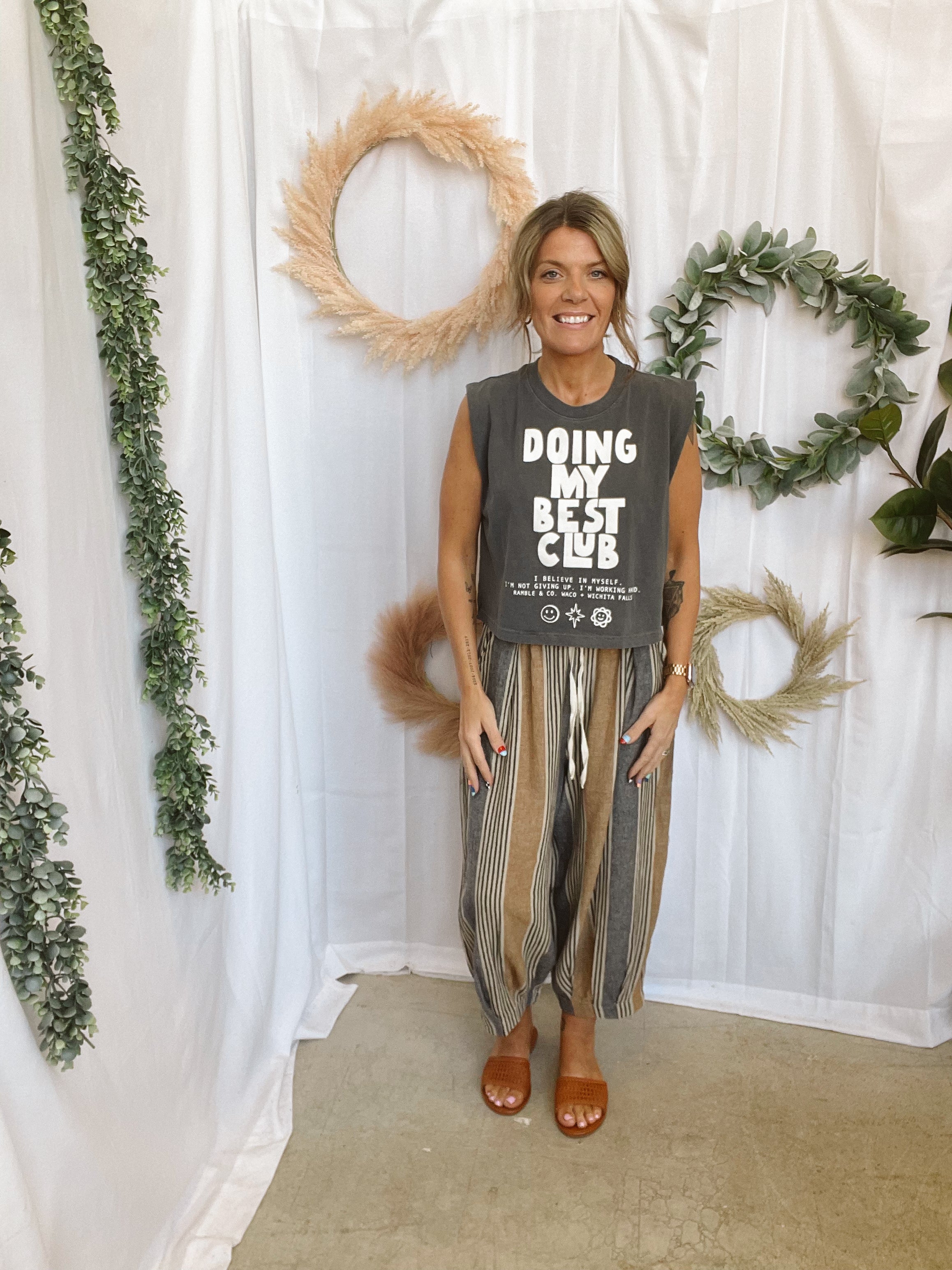 Cotierra Taupe Stripe Baloom Pants-Pants-The Silo Boutique-The Silo Boutique, Women's Fashion Boutique Located in Warren and Grand Forks North Dakota