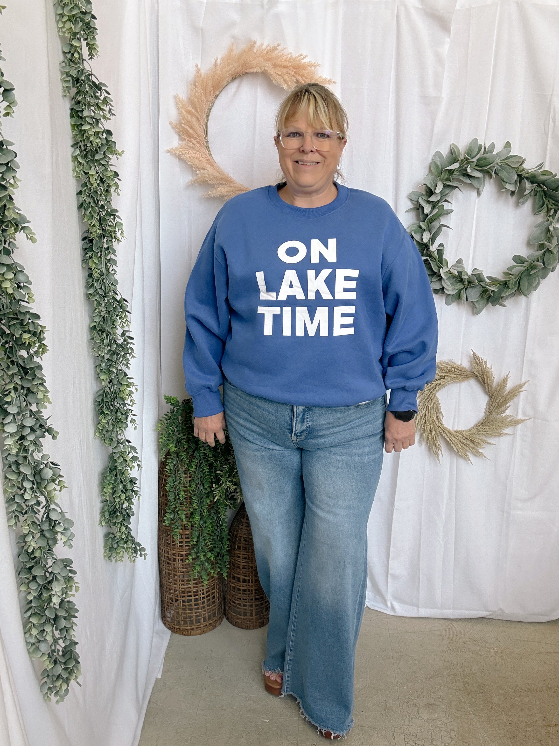 On Lake Time Sweatshirt-Blue-Sweatshirts-panache-The Silo Boutique, Women's Fashion Boutique Located in Warren and Grand Forks North Dakota
