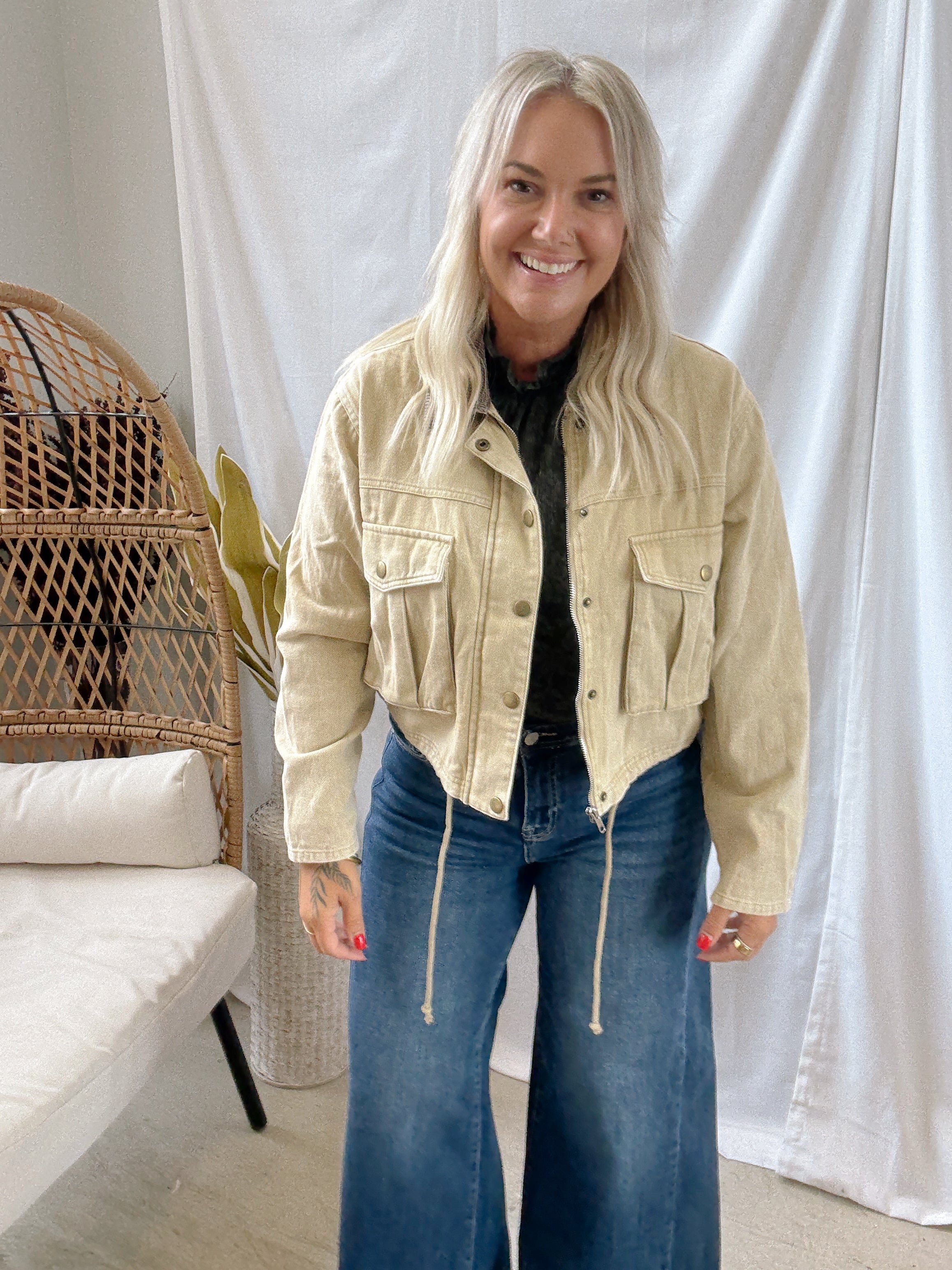 Corduroy Collar Twill Jacket-Sand-Coats & Jackets-hem and thread-The Silo Boutique, Women's Fashion Boutique Located in Warren and Grand Forks North Dakota