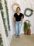 Mimi Ribbed V Neck Top-Black-Short Sleeve Tops-mittoshop-The Silo Boutique, Women's Fashion Boutique Located in Warren and Grand Forks North Dakota
