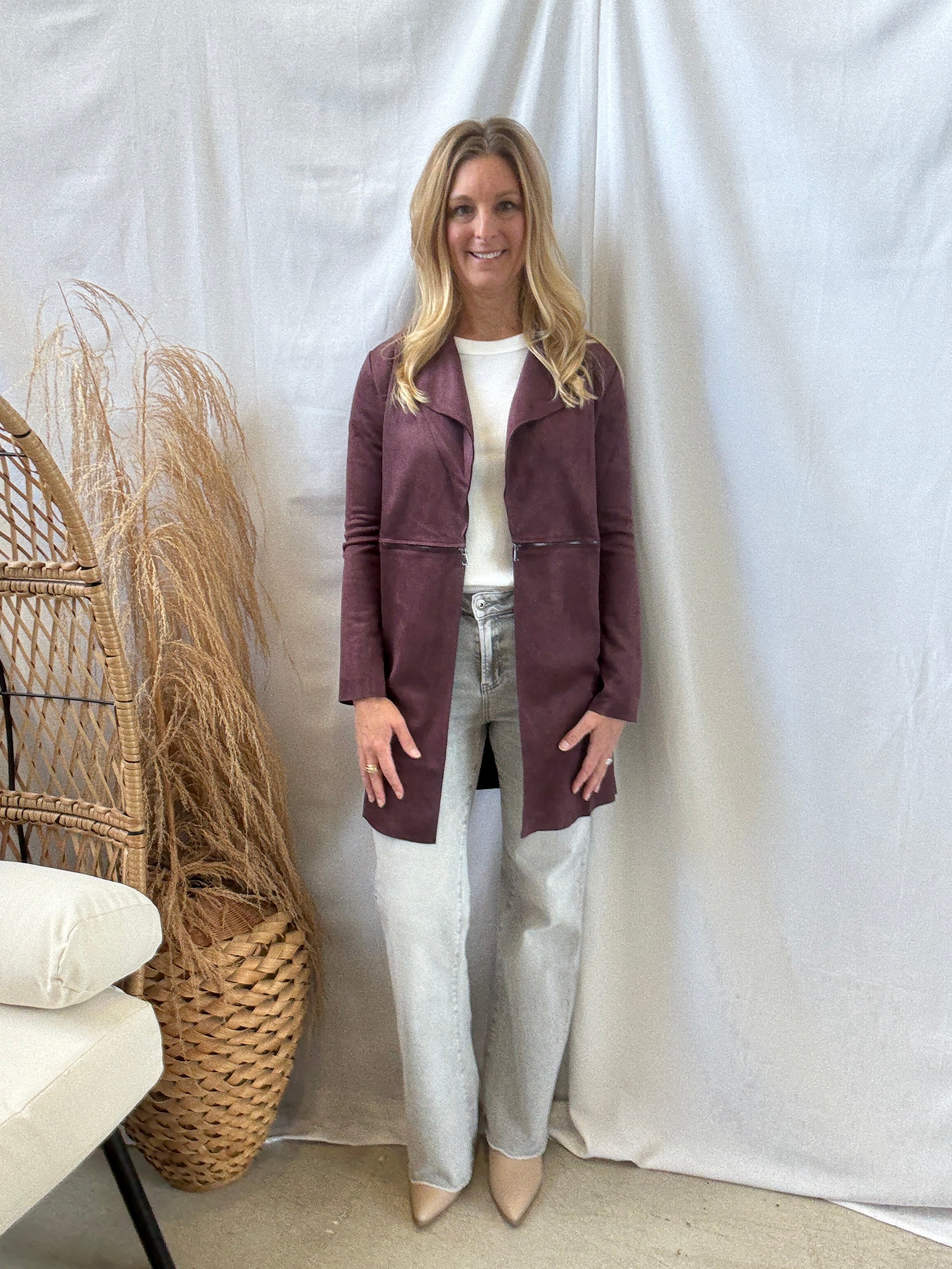 Long Sleeve Suede Jacket-Burgundy-Coats & Jackets-active basics-The Silo Boutique, Women's Fashion Boutique Located in Warren and Grand Forks North Dakota