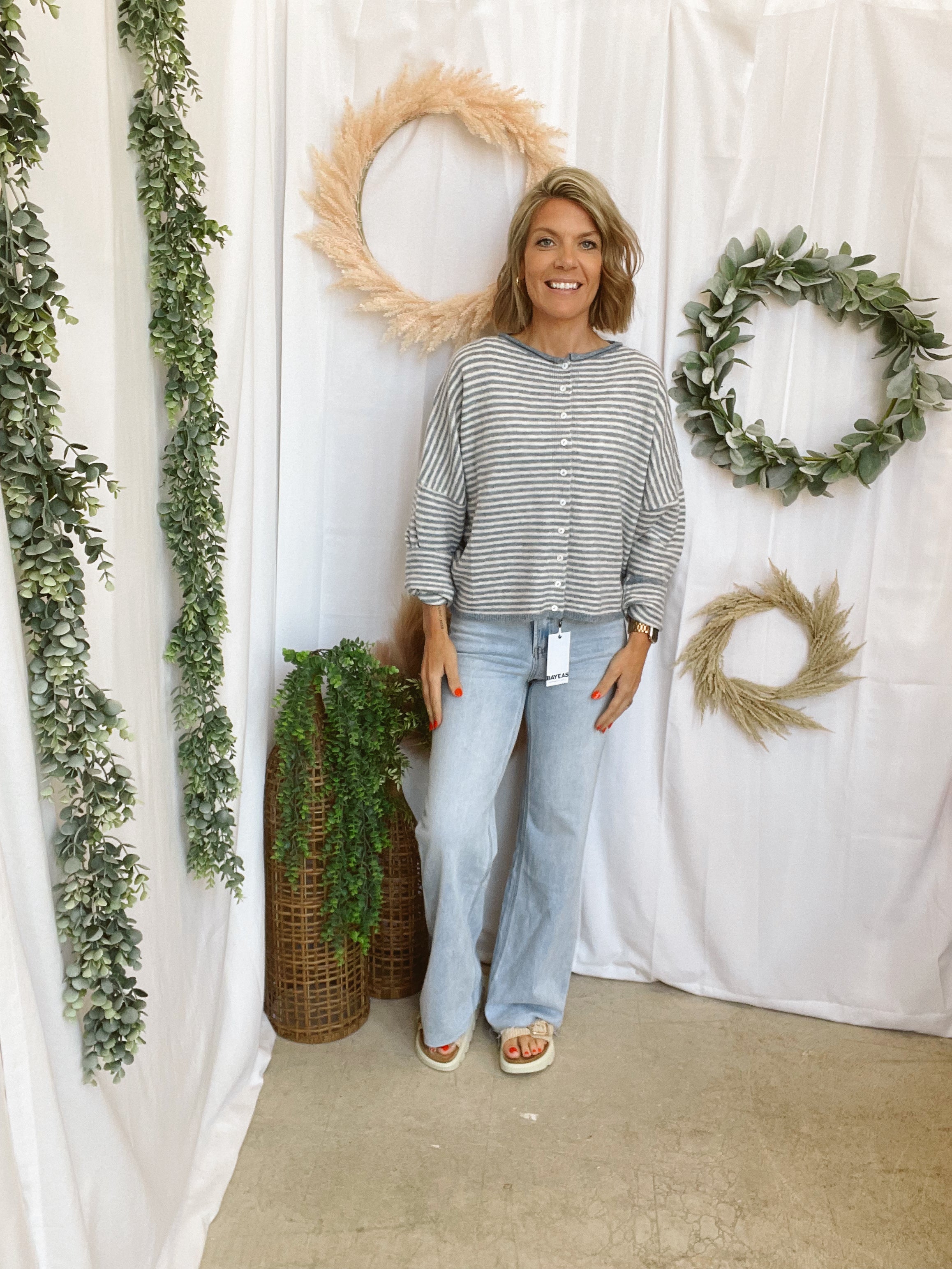 Jesse Striped Cardigan-Dusty Blue-Cardigans-joa-The Silo Boutique, Women's Fashion Boutique Located in Warren and Grand Forks North Dakota