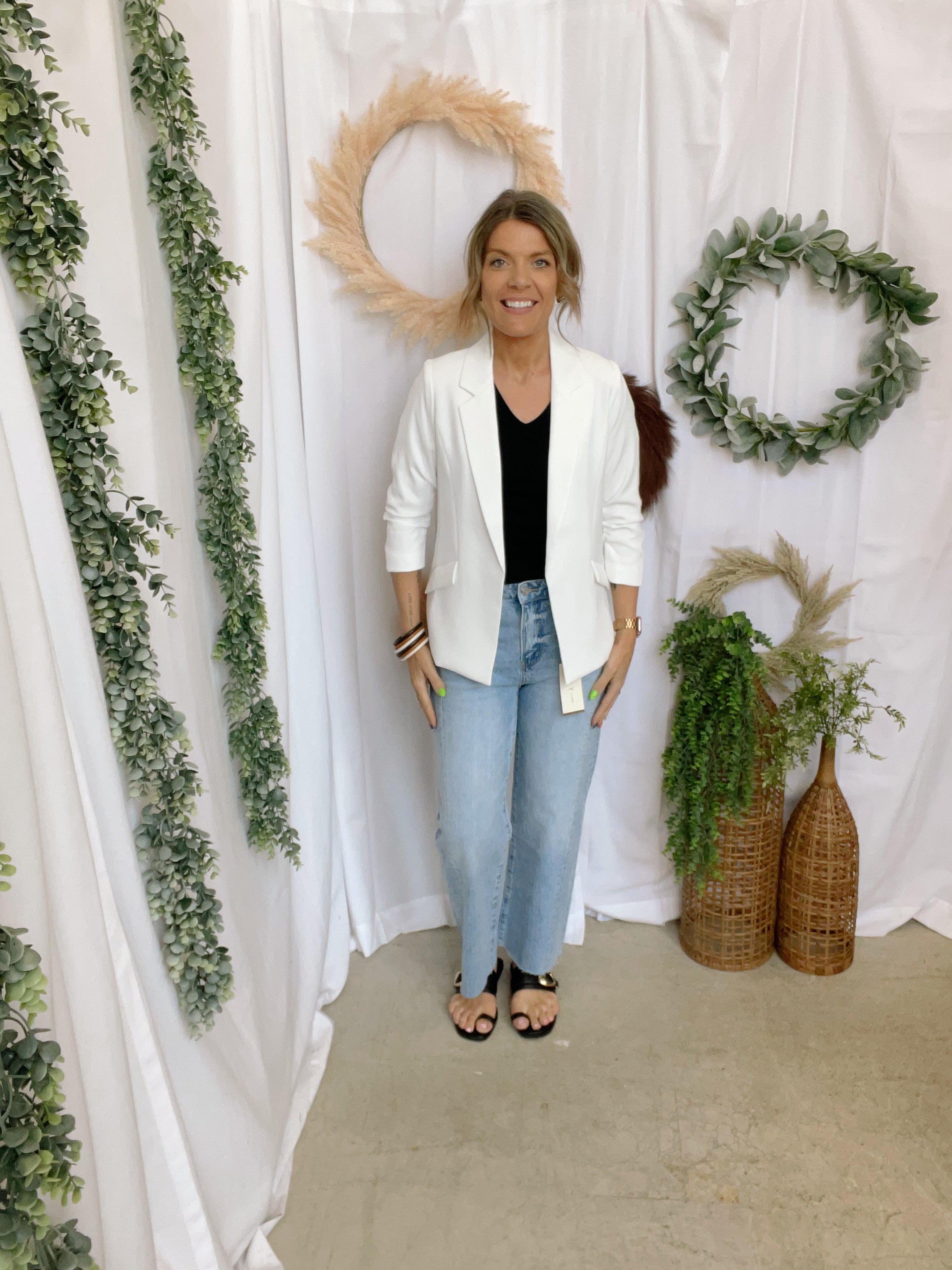 Skies Shirred Sleeve Blazer-White-Blazers-skies are blue-The Silo Boutique, Women's Fashion Boutique Located in Warren and Grand Forks North Dakota