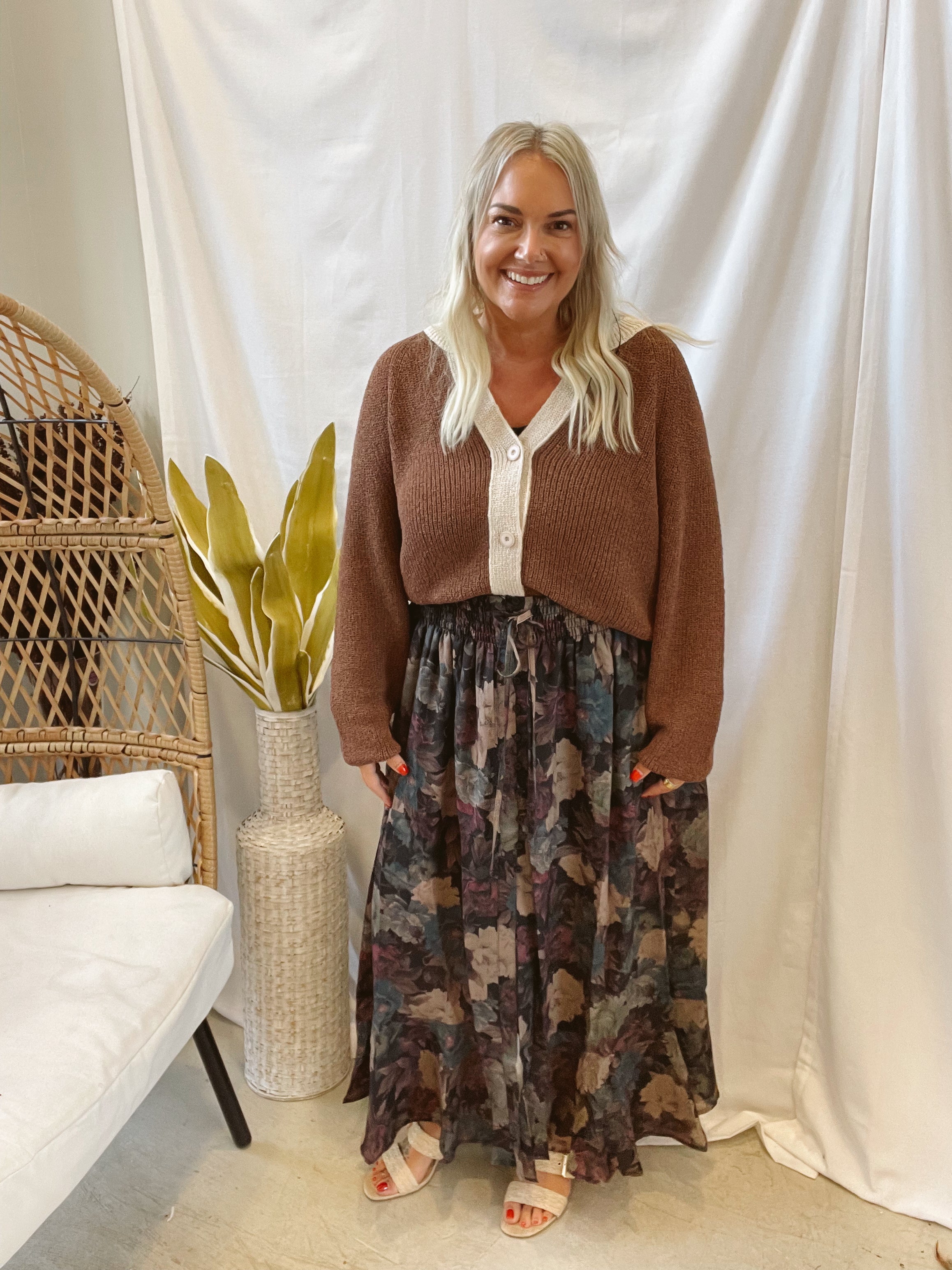 Wine Floral Button Maxi Skirt-Skirts-promesa-The Silo Boutique, Women's Fashion Boutique Located in Warren and Grand Forks North Dakota