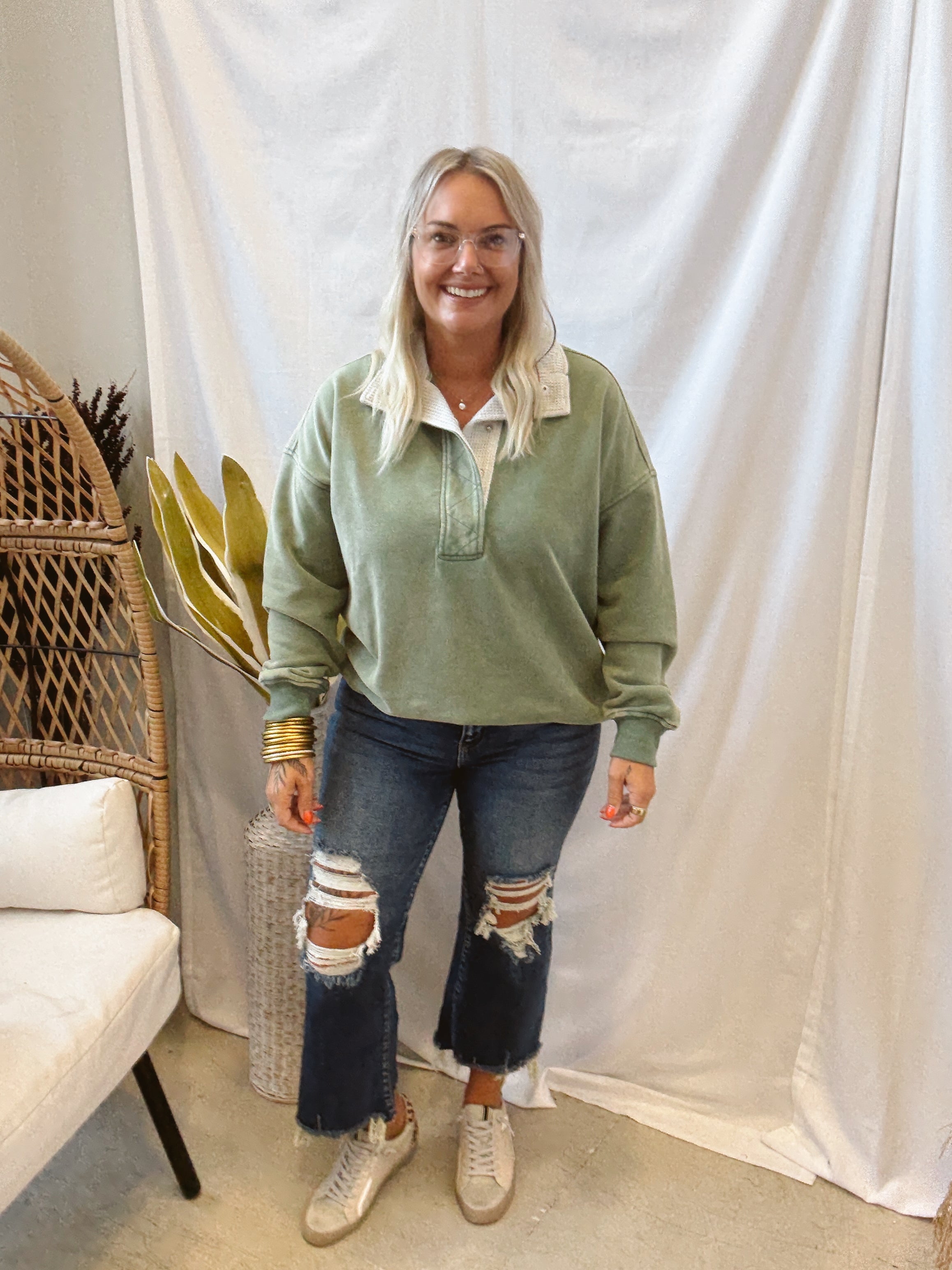 Green Waffle Mix Quarter Pullover Sweatshirt-Sweatshirts-hem and thread-The Silo Boutique, Women's Fashion Boutique Located in Warren and Grand Forks North Dakota