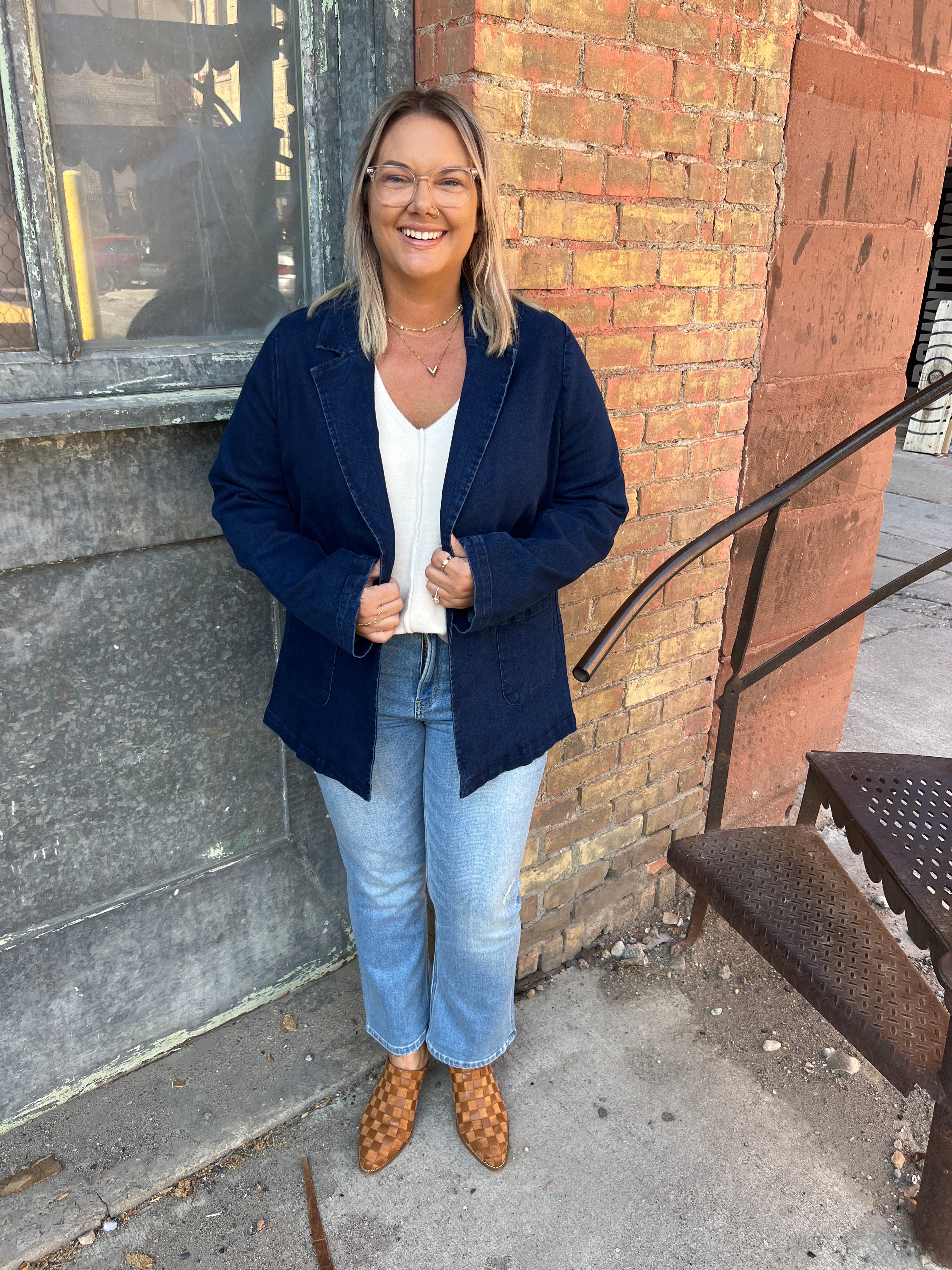 Dark Denim Washed Blazer-Final Sale-Blazers-skies are blue-The Silo Boutique, Women's Fashion Boutique Located in Warren and Grand Forks North Dakota