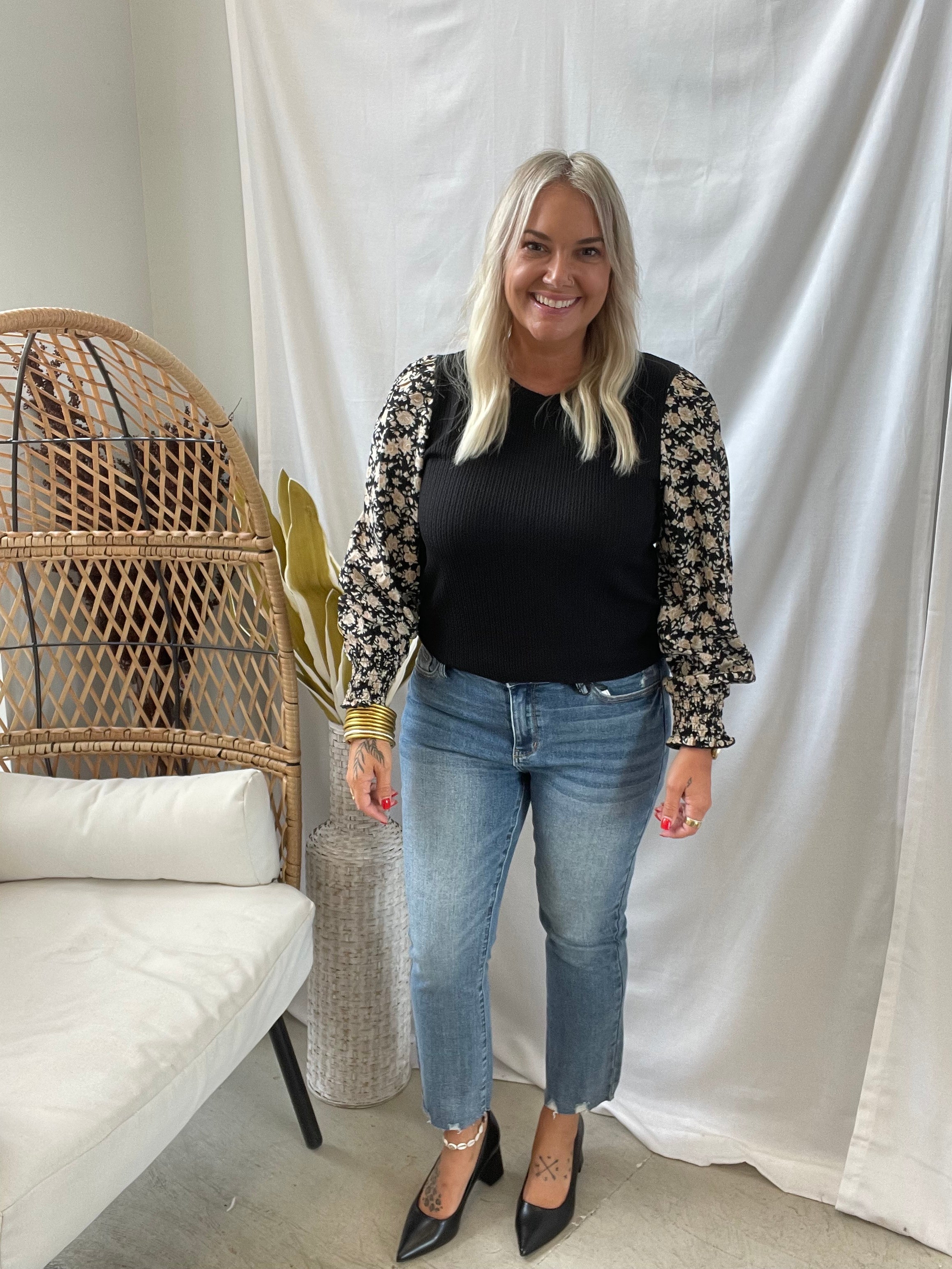 Stacy Floral Sleeve Top-Long Sleeve Tops-stacatto-The Silo Boutique, Women's Fashion Boutique Located in Warren and Grand Forks North Dakota