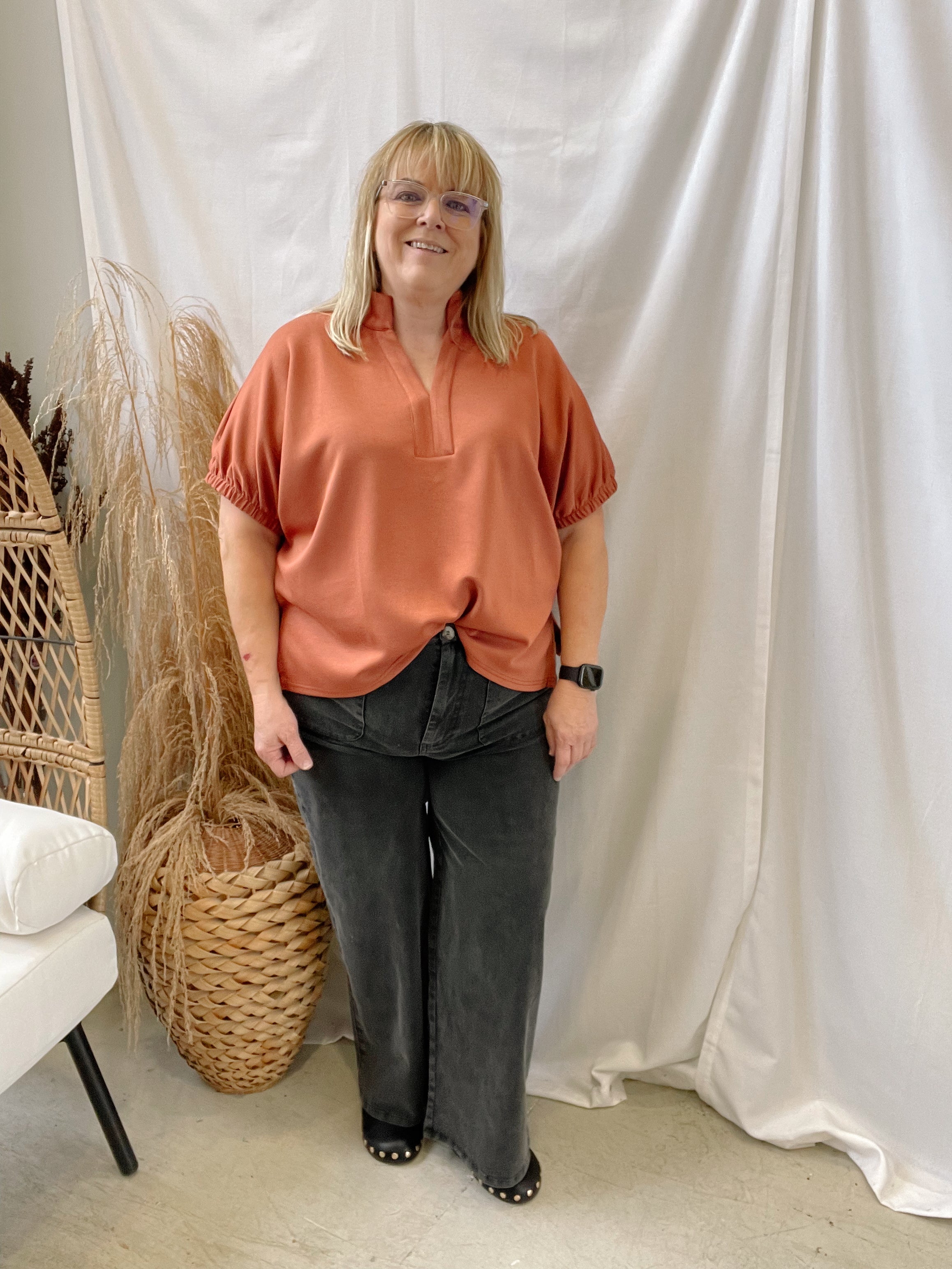 V Neck Collar Band Top-Clay-Short Sleeve Tops-entro-The Silo Boutique, Women's Fashion Boutique Located in Warren and Grand Forks North Dakota