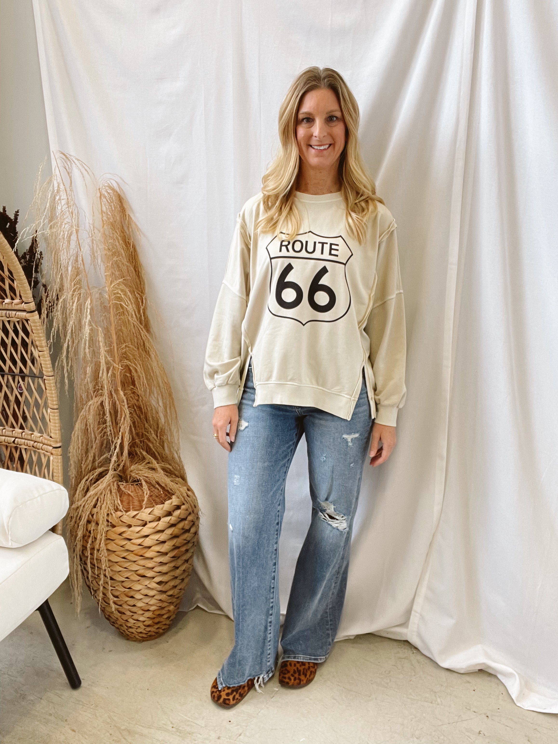 Route 66 Soft Sweatshirt-Sweatshirts-blu pepper-The Silo Boutique, Women's Fashion Boutique Located in Warren and Grand Forks North Dakota