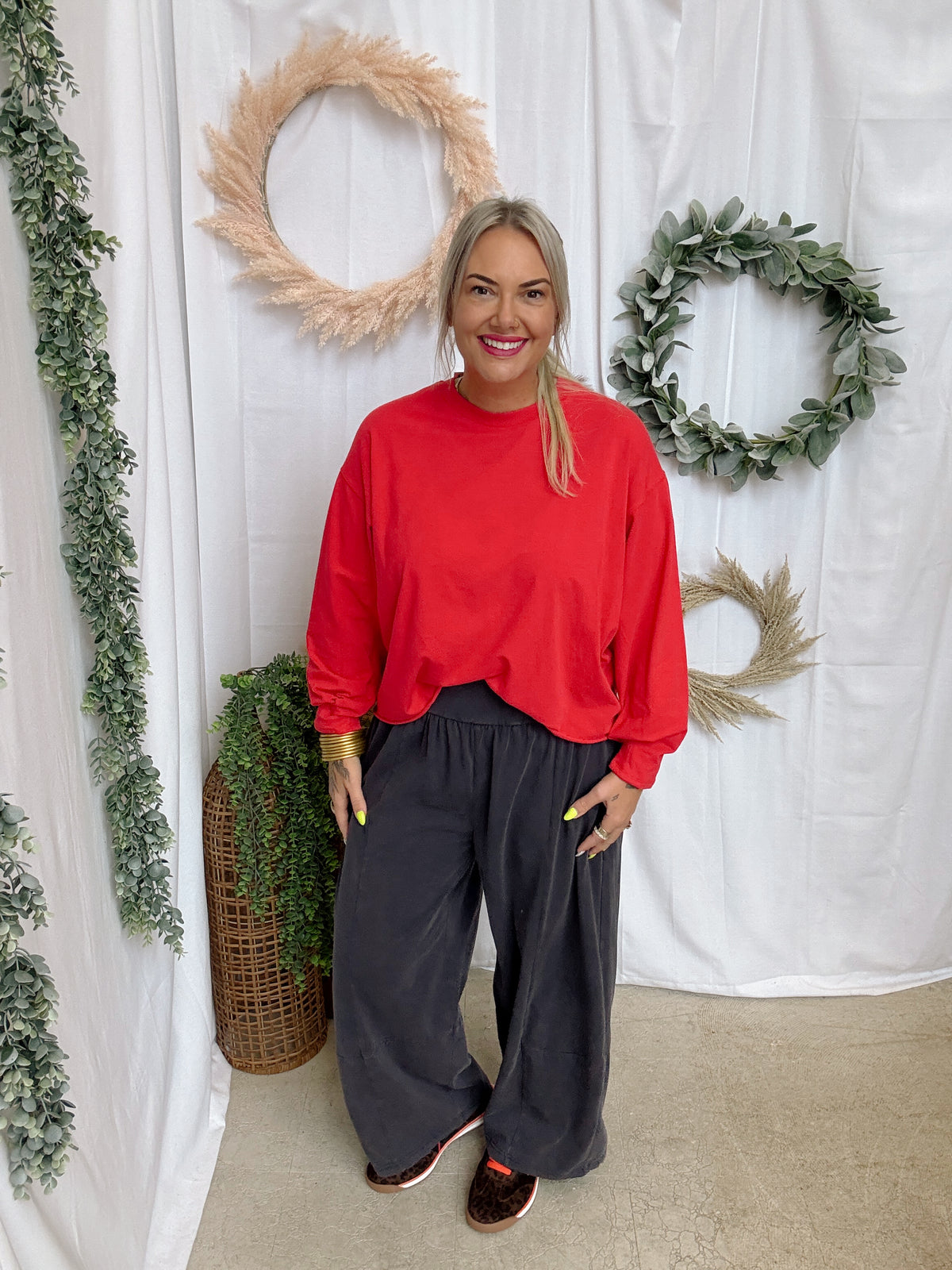 Mono B Pima Long Sleeve Boxy Tee-Red-Long Sleeve Tops-mono b-The Silo Boutique, Women's Fashion Boutique Located in Warren and Grand Forks North Dakota