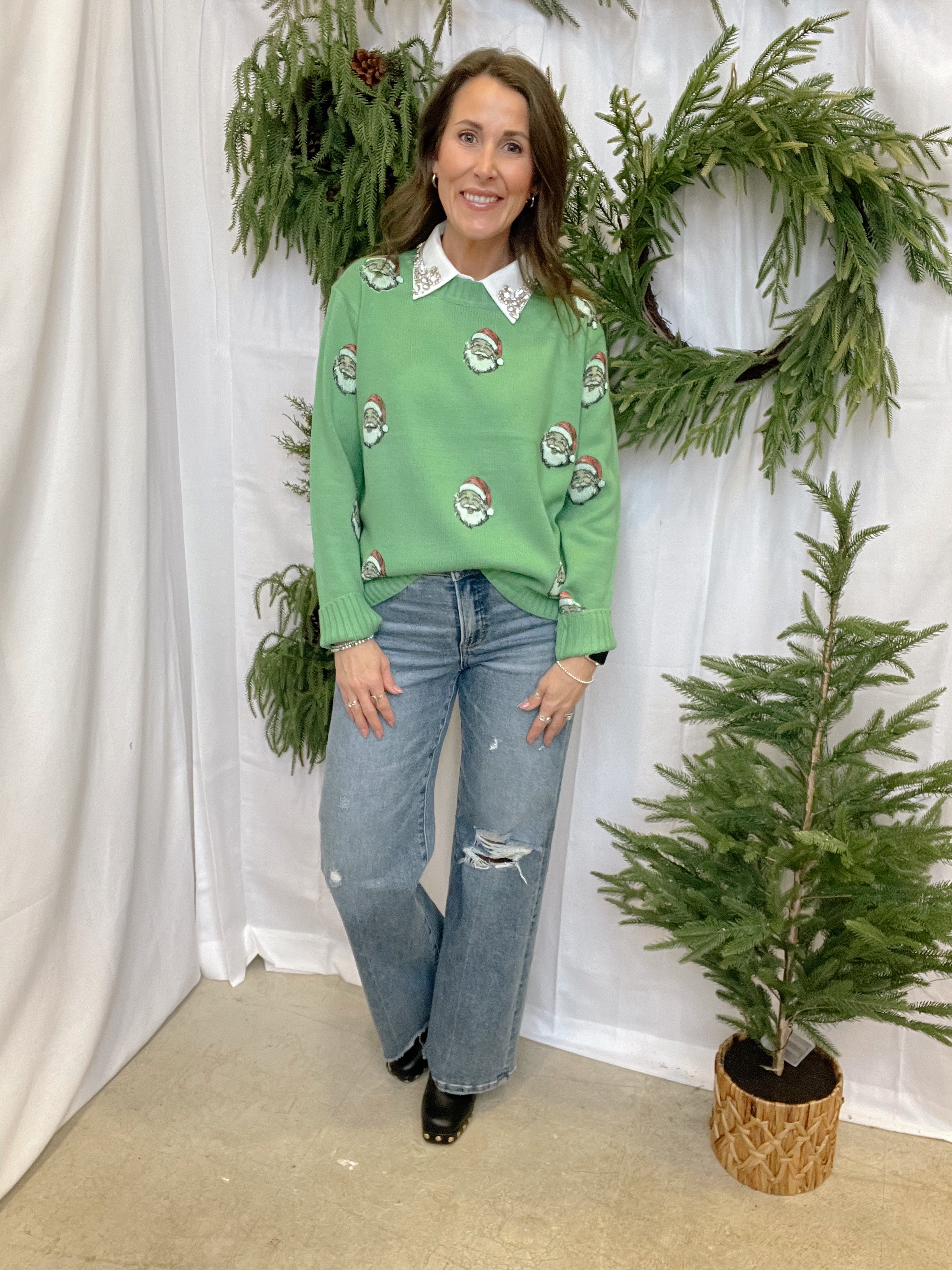 Green Santa Sweater-Final Sale-Sweaters-panache-The Silo Boutique, Women's Fashion Boutique Located in Warren and Grand Forks North Dakota
