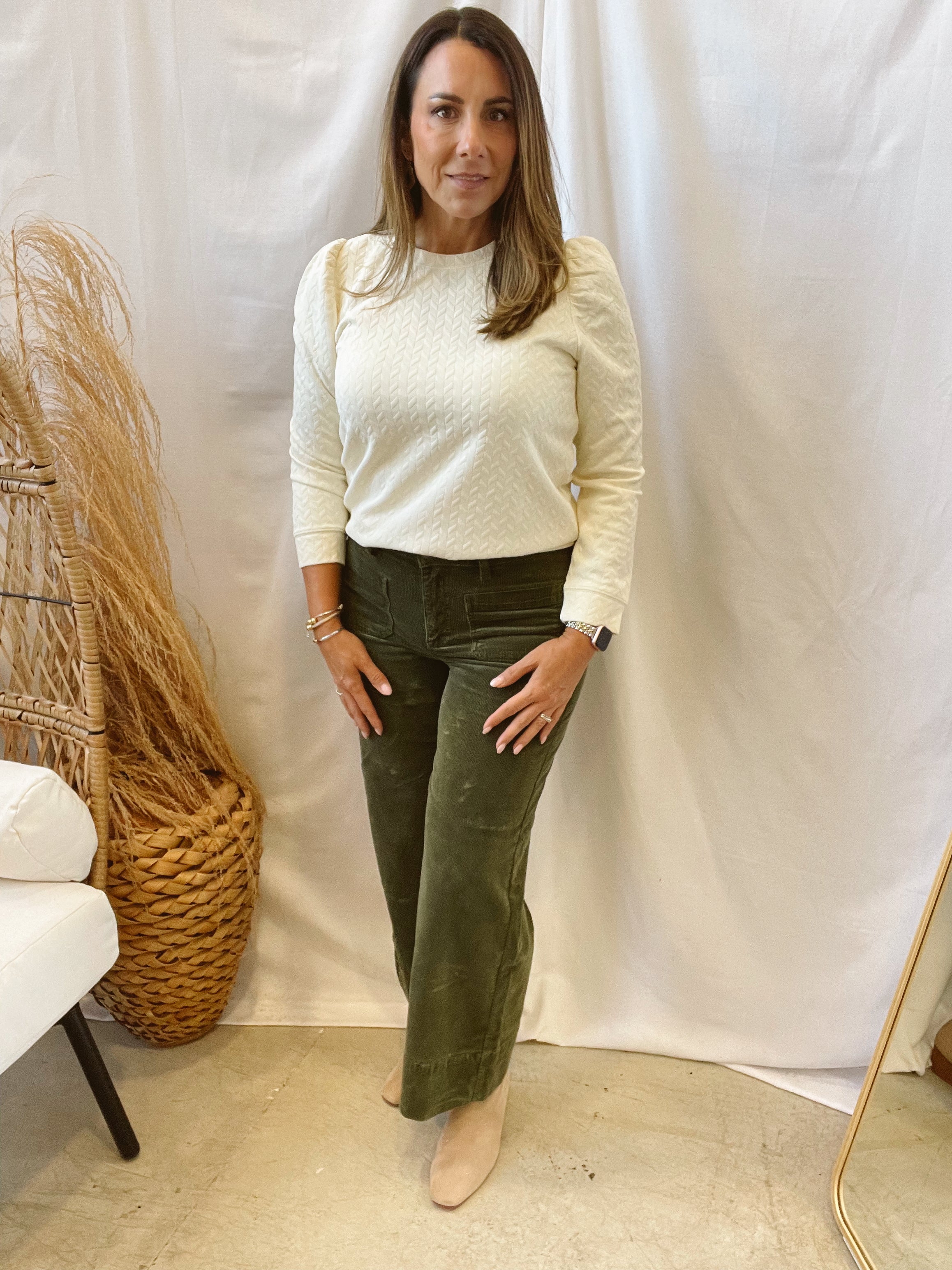 Ivory Jacquard Puff Sleeve Crew Top-Long Sleeve Tops-staccato-The Silo Boutique, Women's Fashion Boutique Located in Warren and Grand Forks North Dakota