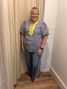Blue Gingham Top-Short Sleeve Tops-ENTRO-The Silo Boutique, Women's Fashion Boutique Located in Warren and Grand Forks North Dakota