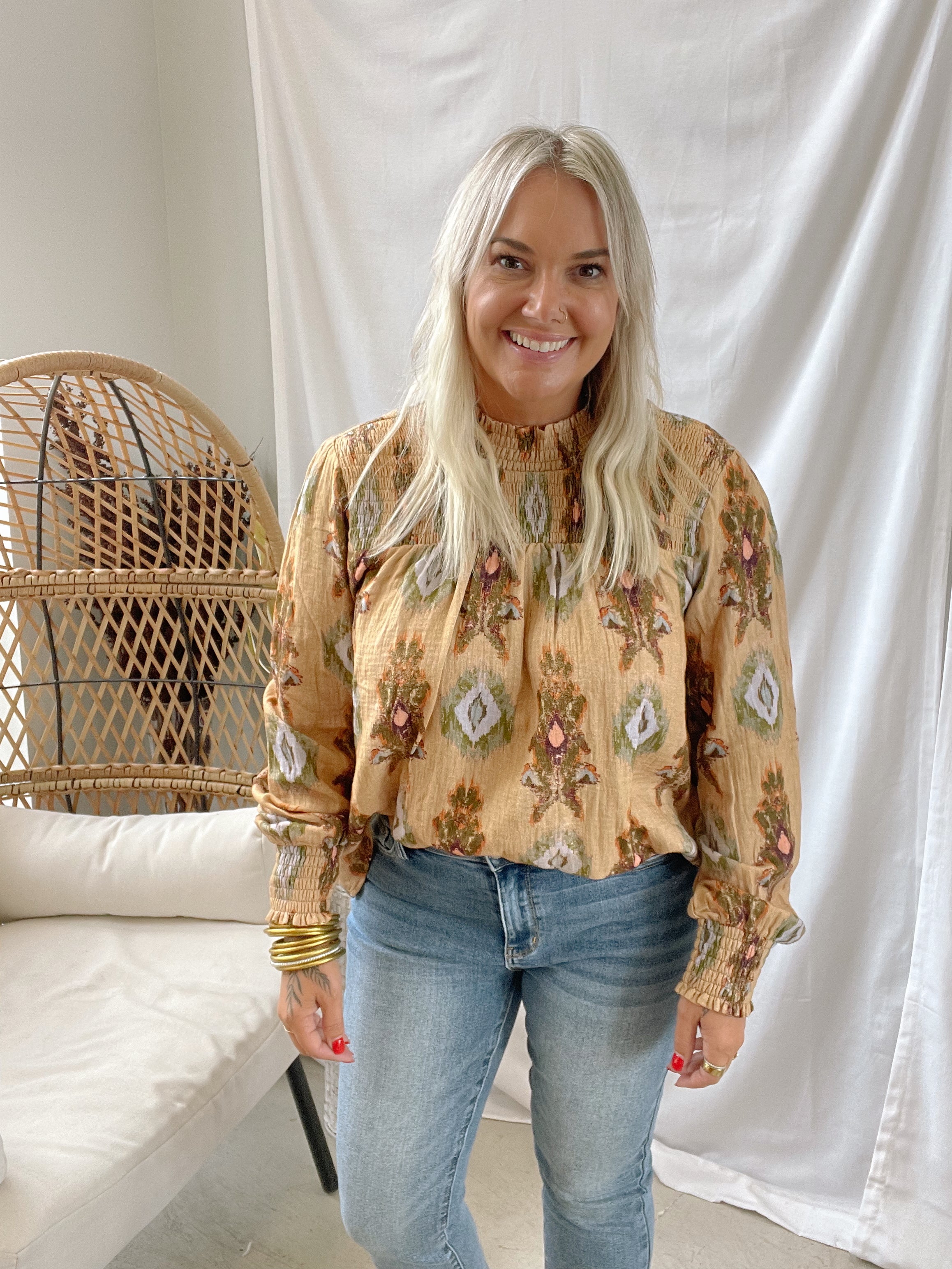 Latte Smock Yoke Top-Final Sale-Long Sleeve Tops-mystree-The Silo Boutique, Women's Fashion Boutique Located in Warren and Grand Forks North Dakota