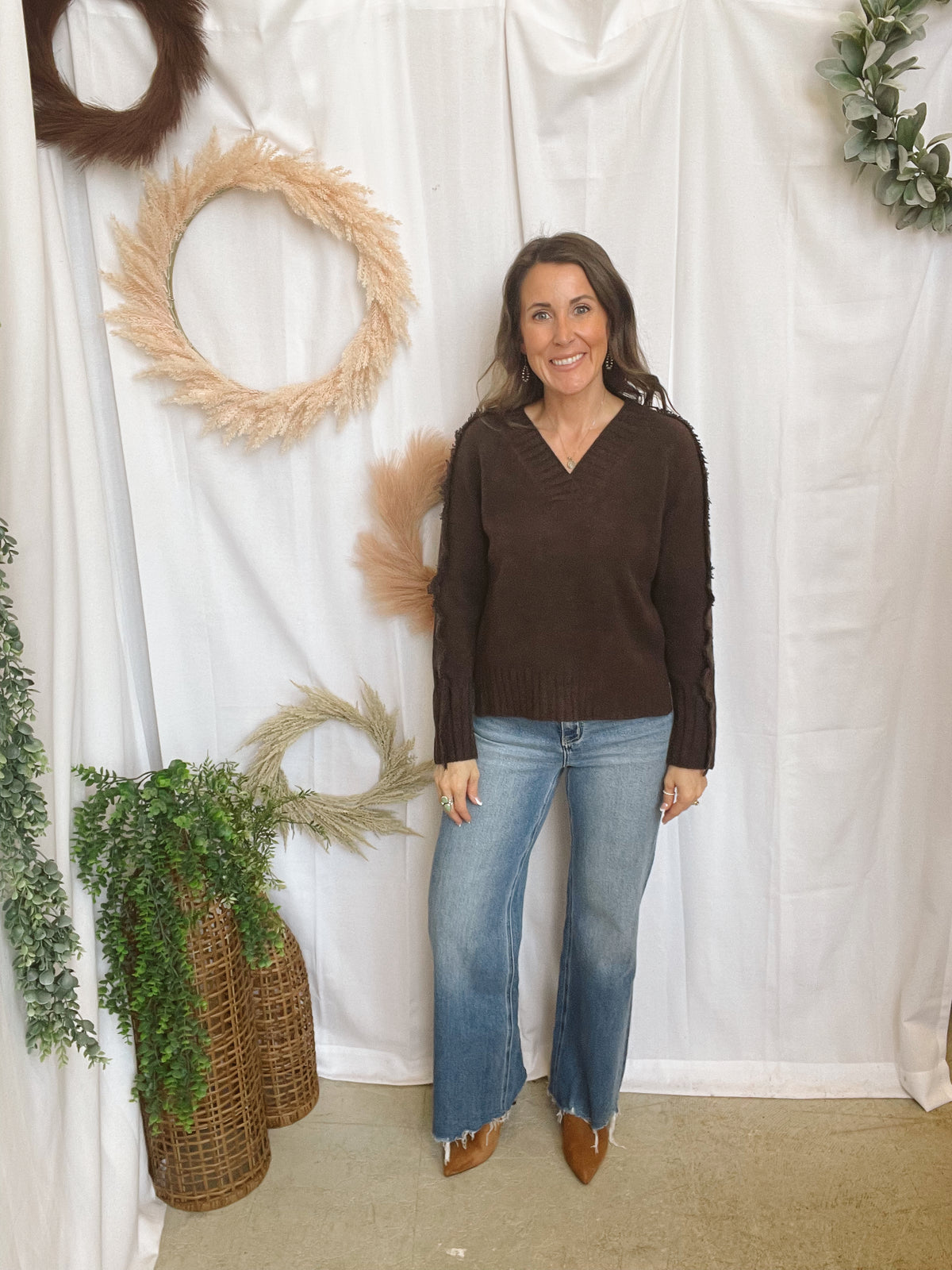 Elan Falling V Neck Sweater-Brown-Sweaters-elan-The Silo Boutique, Women's Fashion Boutique Located in Warren and Grand Forks North Dakota