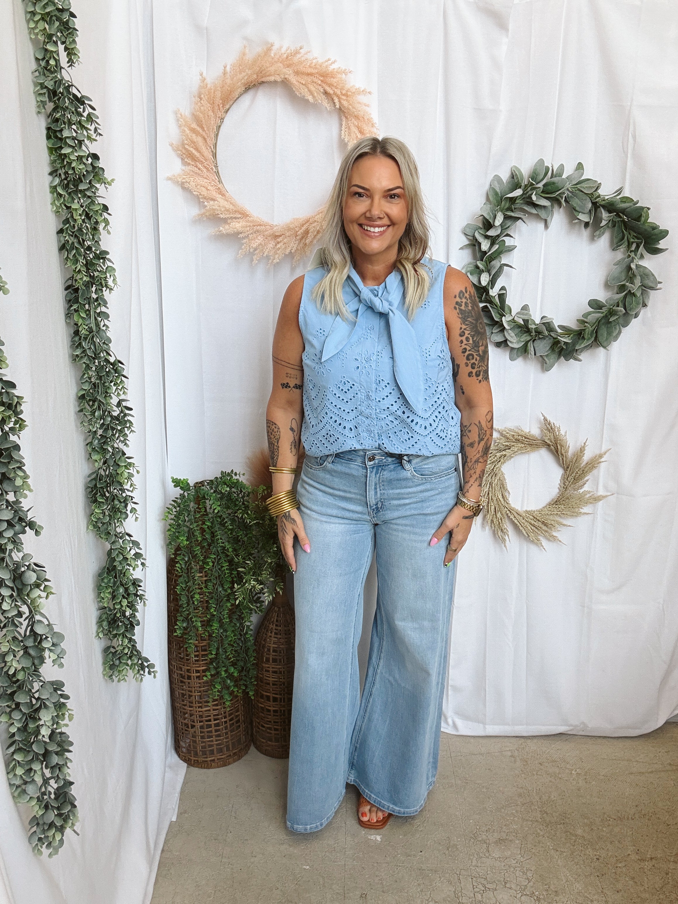 Betsey Tie Neck Top-Blue-Short Sleeve Tops-entro-The Silo Boutique, Women's Fashion Boutique Located in Warren and Grand Forks North Dakota