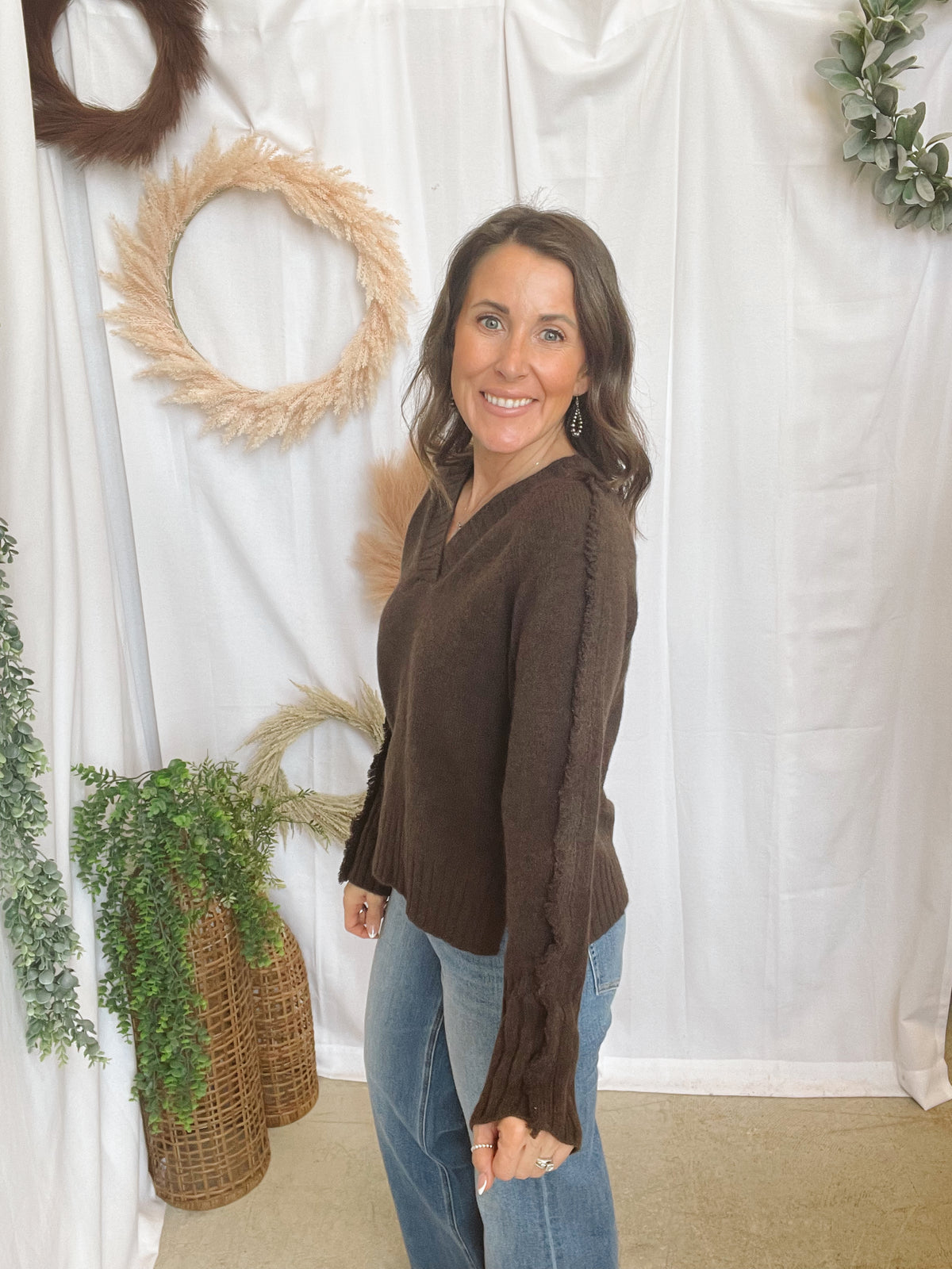 Elan Falling V Neck Sweater-Brown-Sweaters-elan-The Silo Boutique, Women's Fashion Boutique Located in Warren and Grand Forks North Dakota
