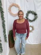 Mono B Scoop Ribbed Long Sleeve Top-Rosewood-Long Sleeve Tops-mono b-The Silo Boutique, Women's Fashion Boutique Located in Warren and Grand Forks North Dakota
