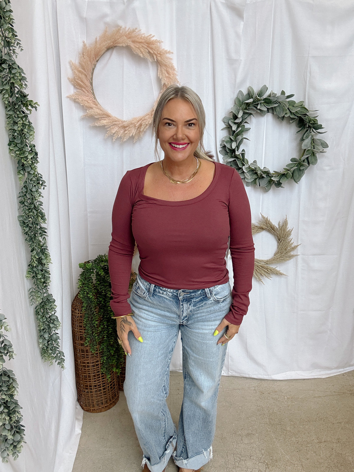Mono B Scoop Ribbed Long Sleeve Top-Rosewood-Long Sleeve Tops-mono b-The Silo Boutique, Women's Fashion Boutique Located in Warren and Grand Forks North Dakota