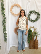Polka Dot Scarf Sleeveless Top-Sand-Tank Tops-ENTRO-The Silo Boutique, Women's Fashion Boutique Located in Warren and Grand Forks North Dakota