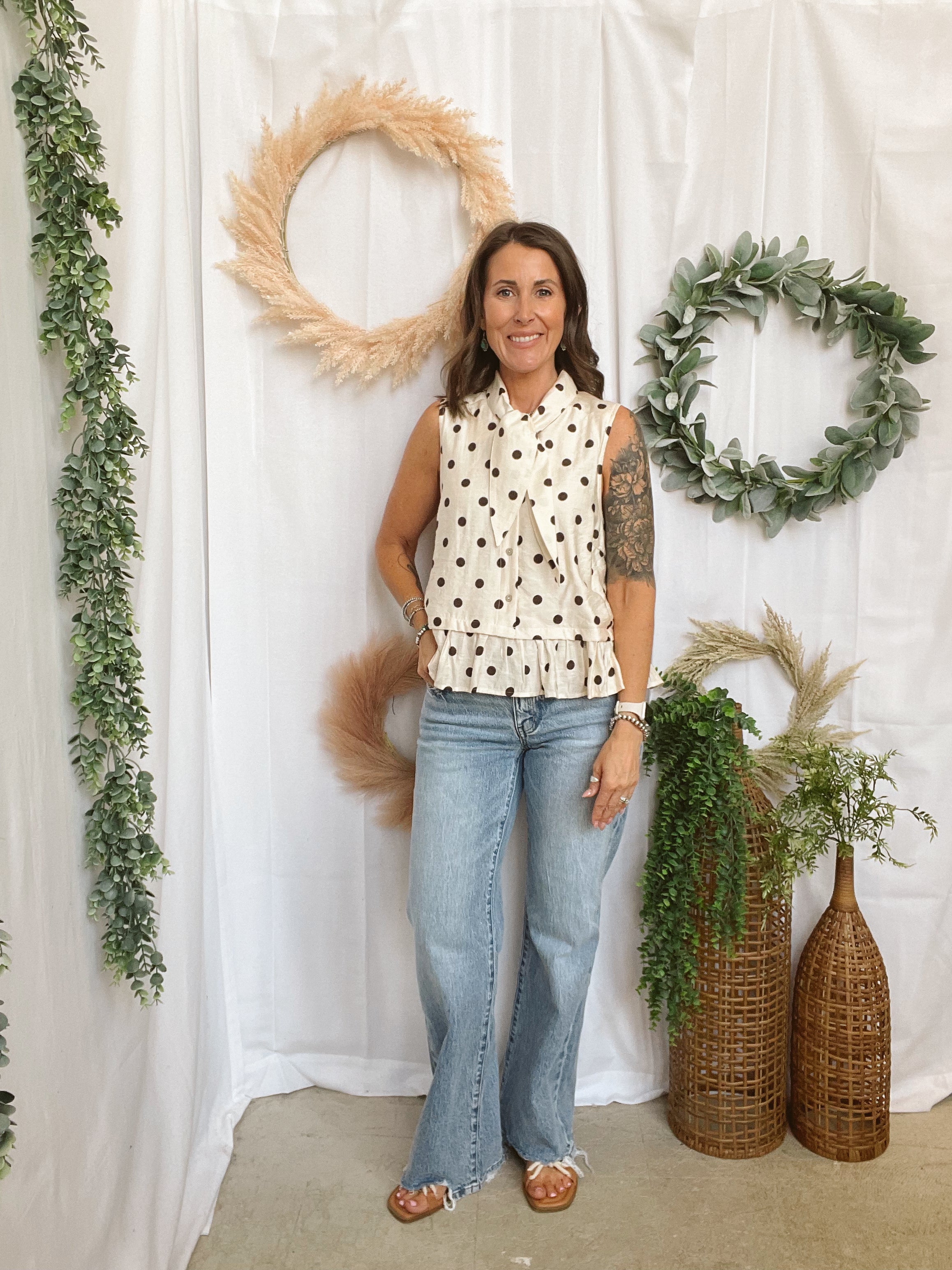 Polka Dot Scarf Sleeveless Top-Sand-Tank Tops-ENTRO-The Silo Boutique, Women's Fashion Boutique Located in Warren and Grand Forks North Dakota