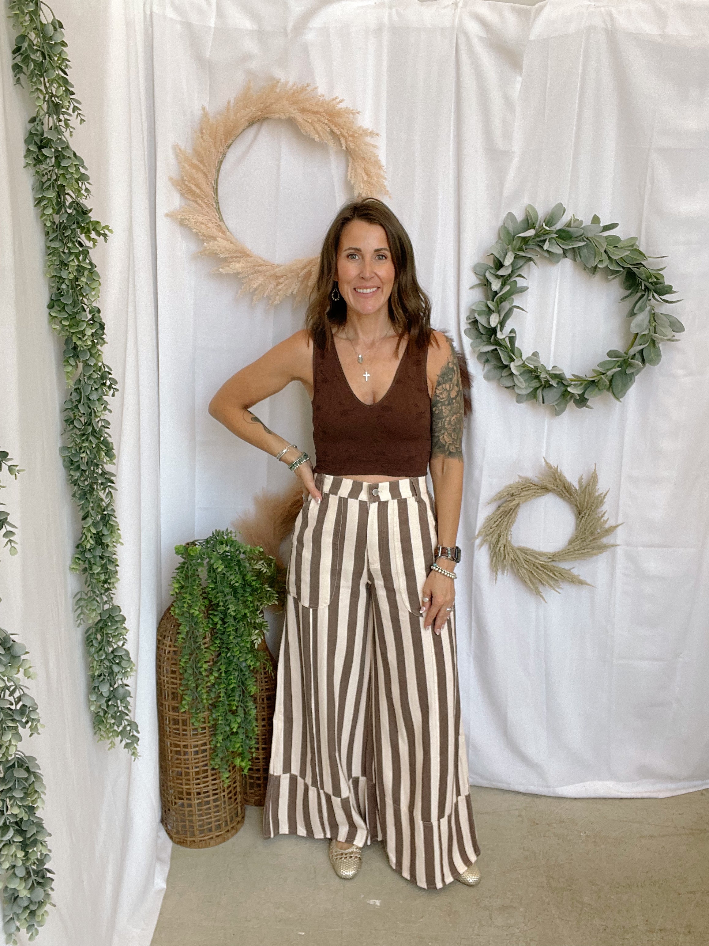Davi Cream and Mocha Stripe Pants-Pants-davi-The Silo Boutique, Women's Fashion Boutique Located in Warren and Grand Forks North Dakota