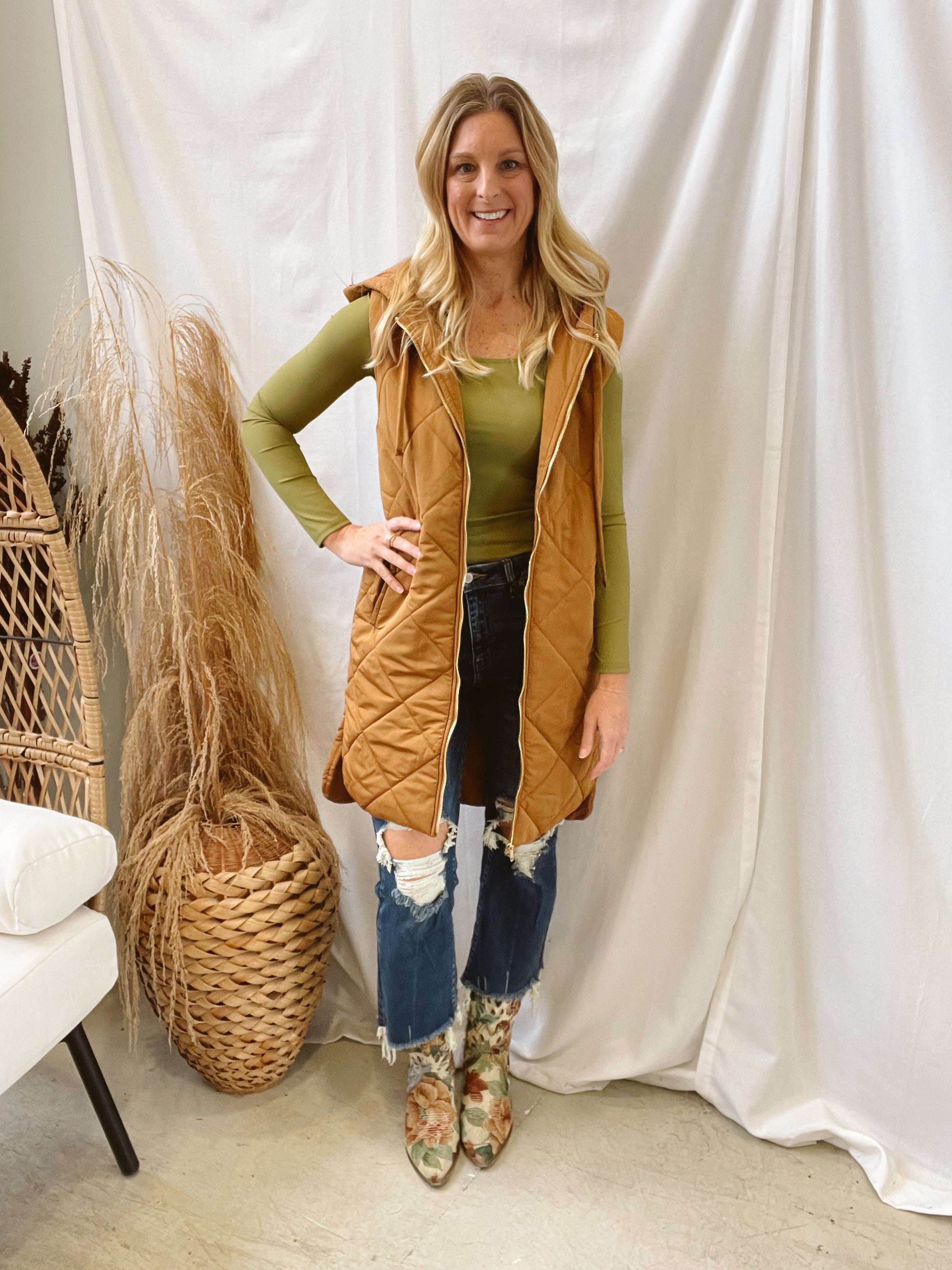Mystree Hooded Long Vest-Spicy Latte-Vests-mystree-The Silo Boutique, Women's Fashion Boutique Located in Warren and Grand Forks North Dakota