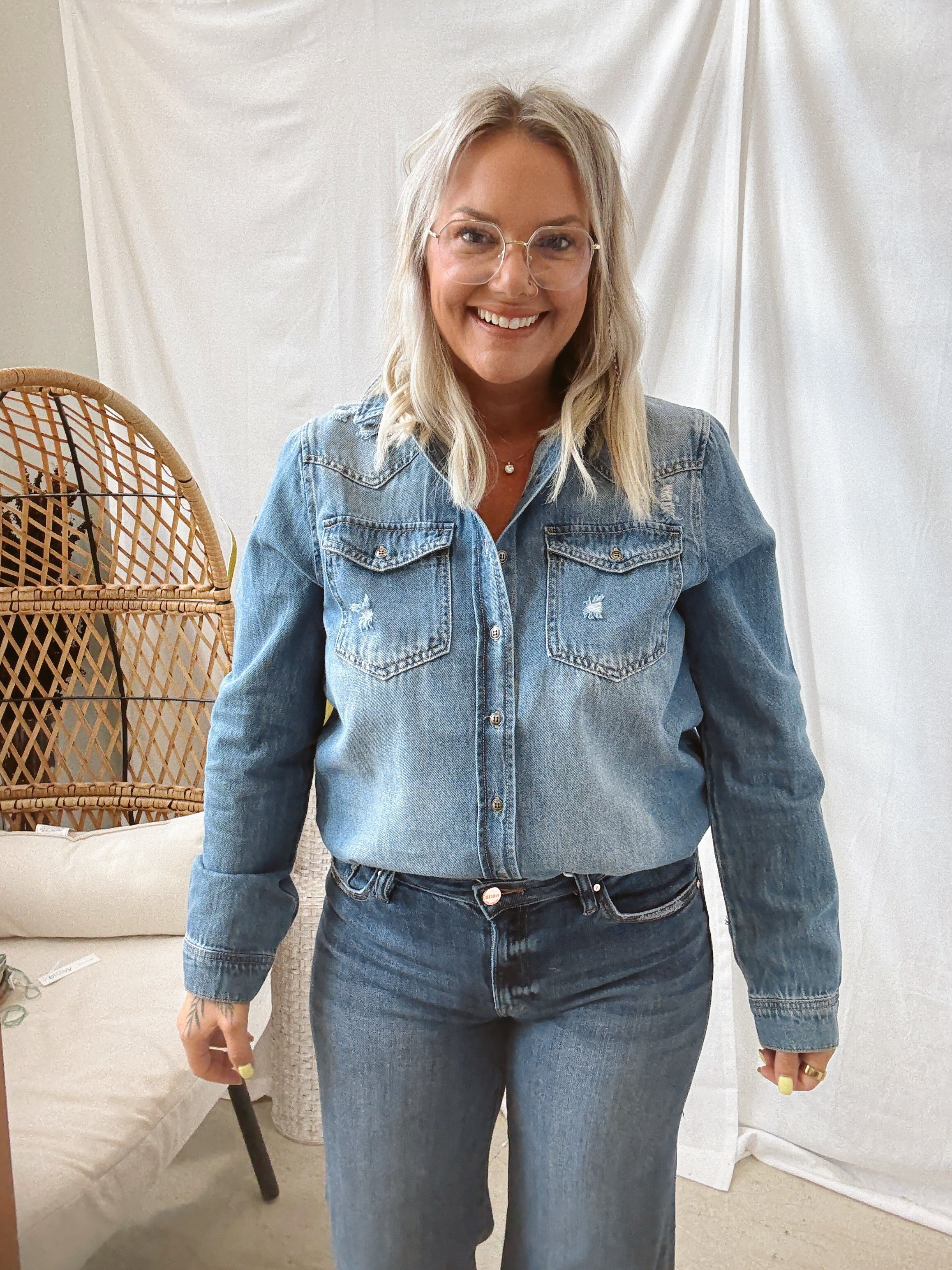 Risen Distressed Denim Shirt-Long Sleeve Tops-risen-The Silo Boutique, Women's Fashion Boutique Located in Warren and Grand Forks North Dakota