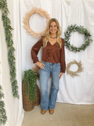 Lacey Trim V Neck Top-Brown-Long Sleeve Tops-listicle-The Silo Boutique, Women's Fashion Boutique Located in Warren and Grand Forks North Dakota