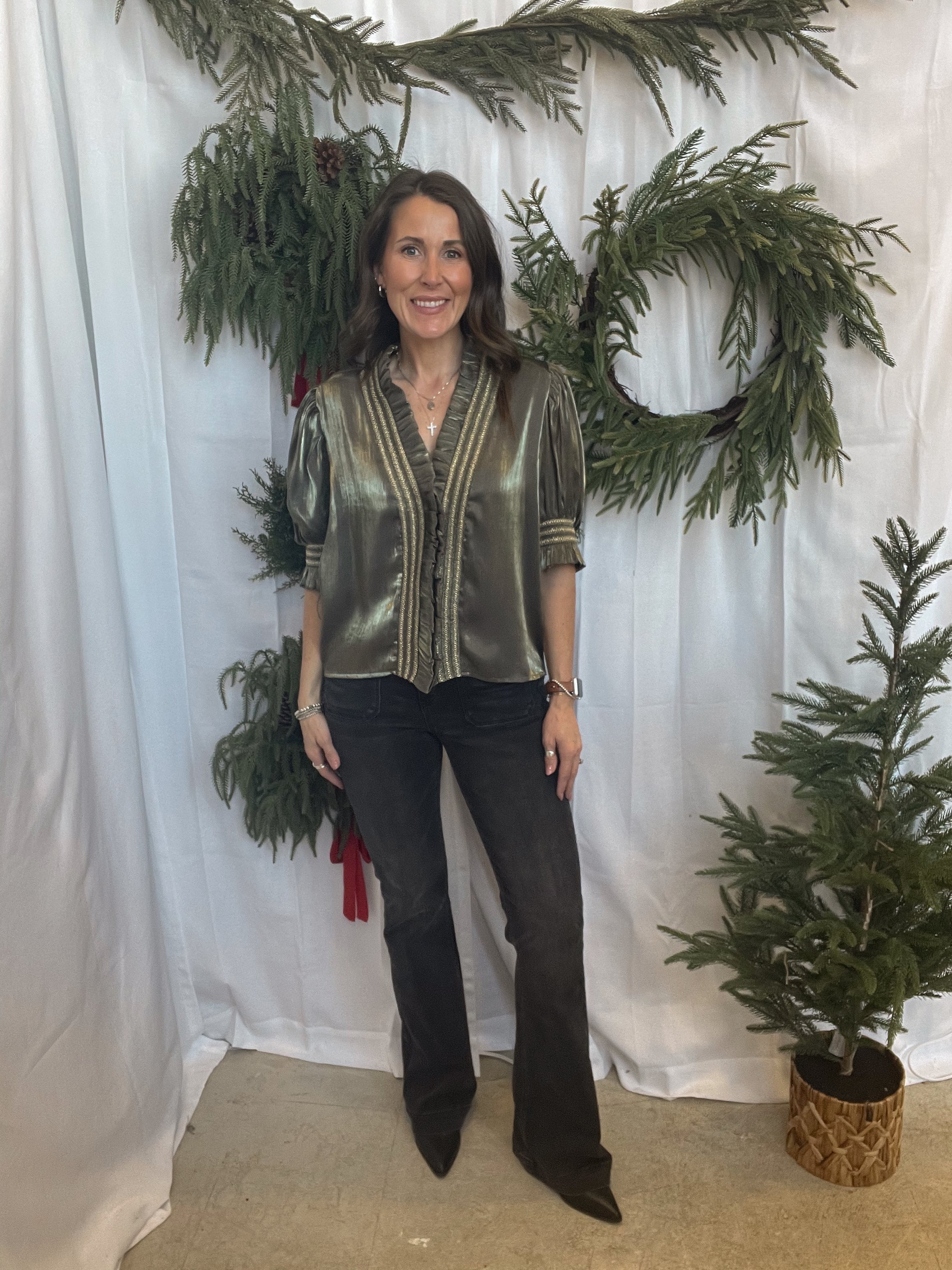 Glam Ruffle Smocked Top-Olive-Short Sleeve Tops-glam-The Silo Boutique, Women's Fashion Boutique Located in Warren and Grand Forks North Dakota