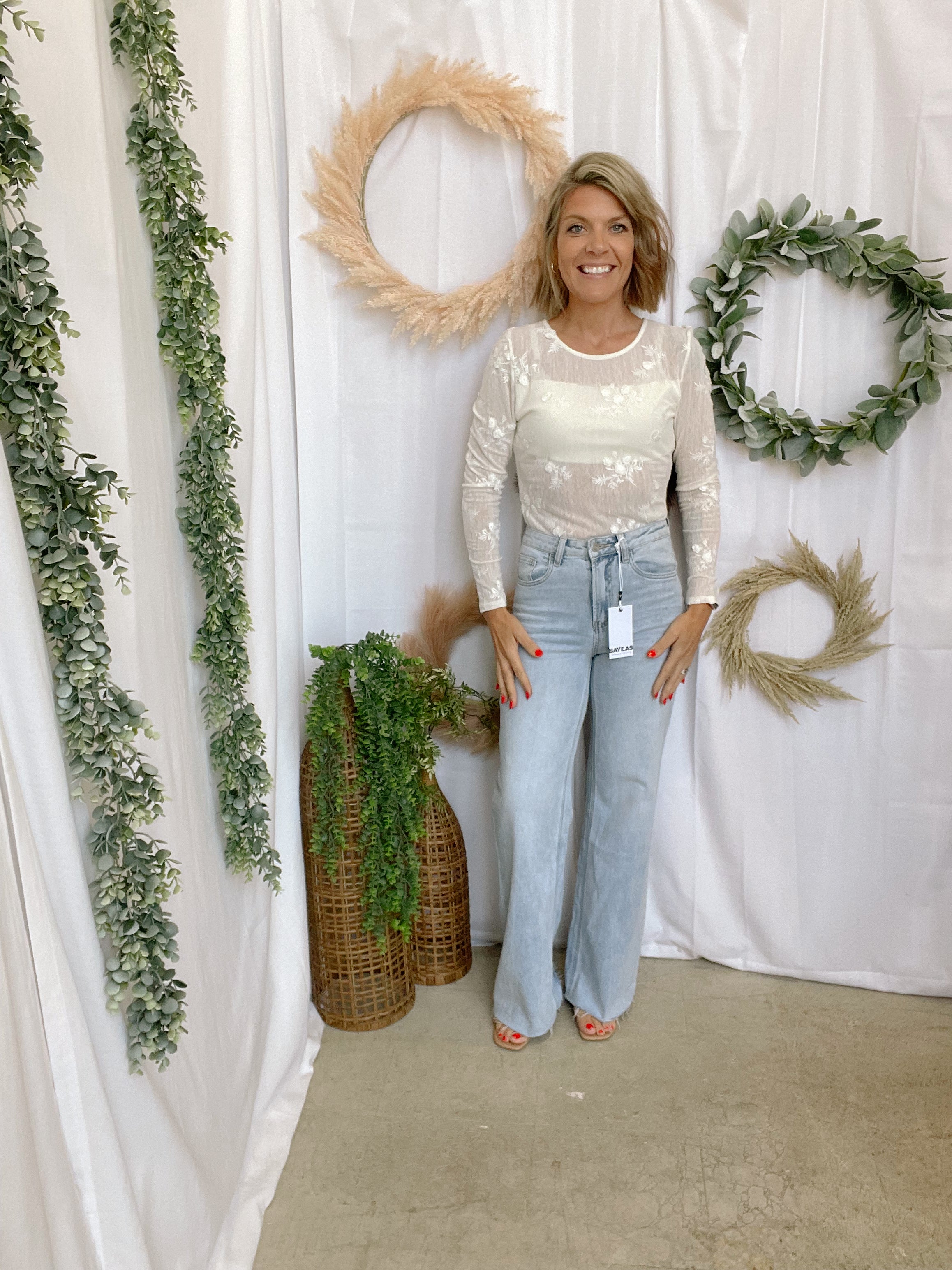 Cream Floral Mesh Long Sleeve Bodysuit-Long Sleeve Tops-blue B-The Silo Boutique, Women's Fashion Boutique Located in Warren and Grand Forks North Dakota