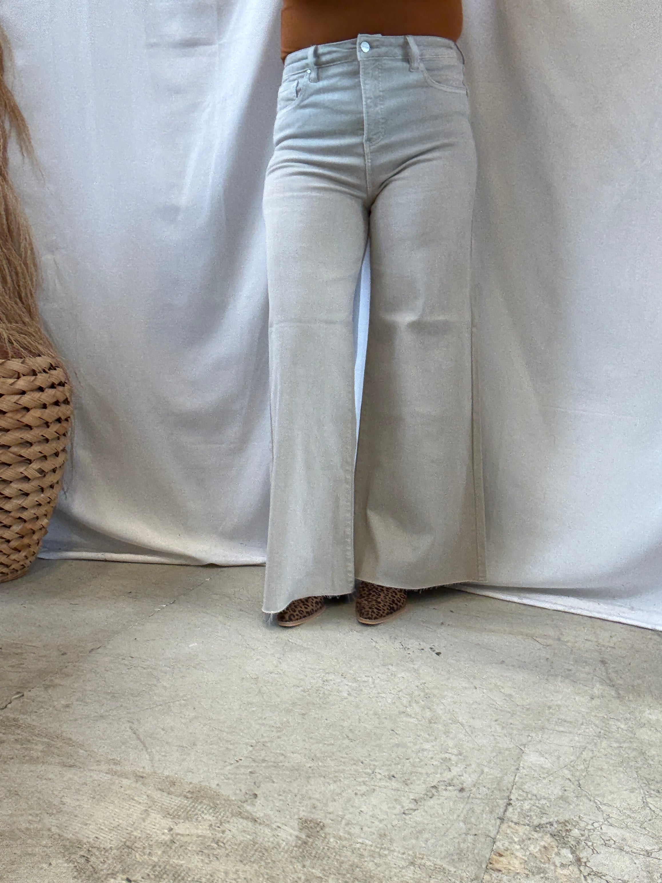 Risen Almond Palazzo Jeans-Jeans-risen-The Silo Boutique, Women's Fashion Boutique Located in Warren and Grand Forks North Dakota