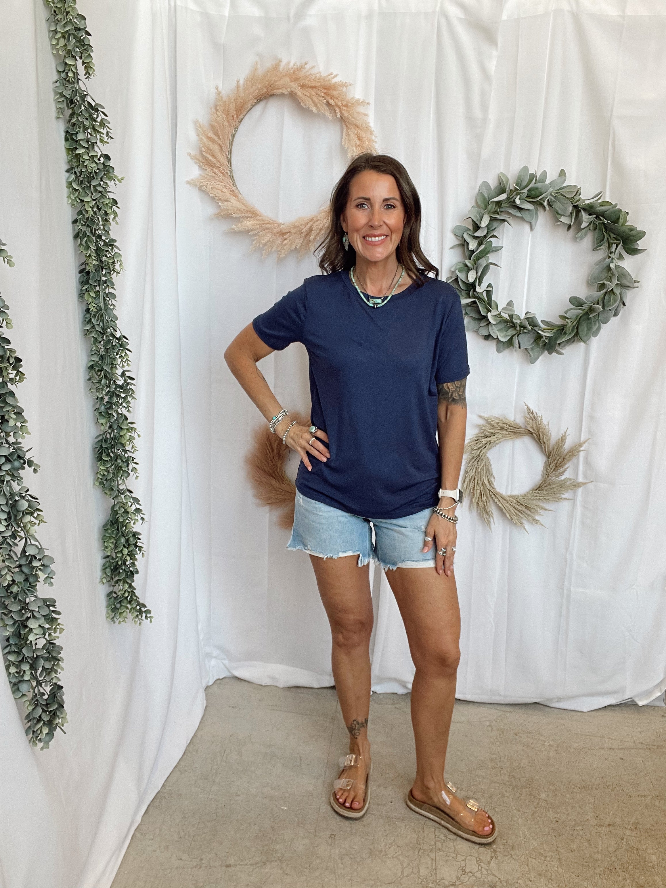 Bella Basic Round Neck Top-Navy-Short Sleeve Tops-staccato-The Silo Boutique, Women's Fashion Boutique Located in Warren and Grand Forks North Dakota