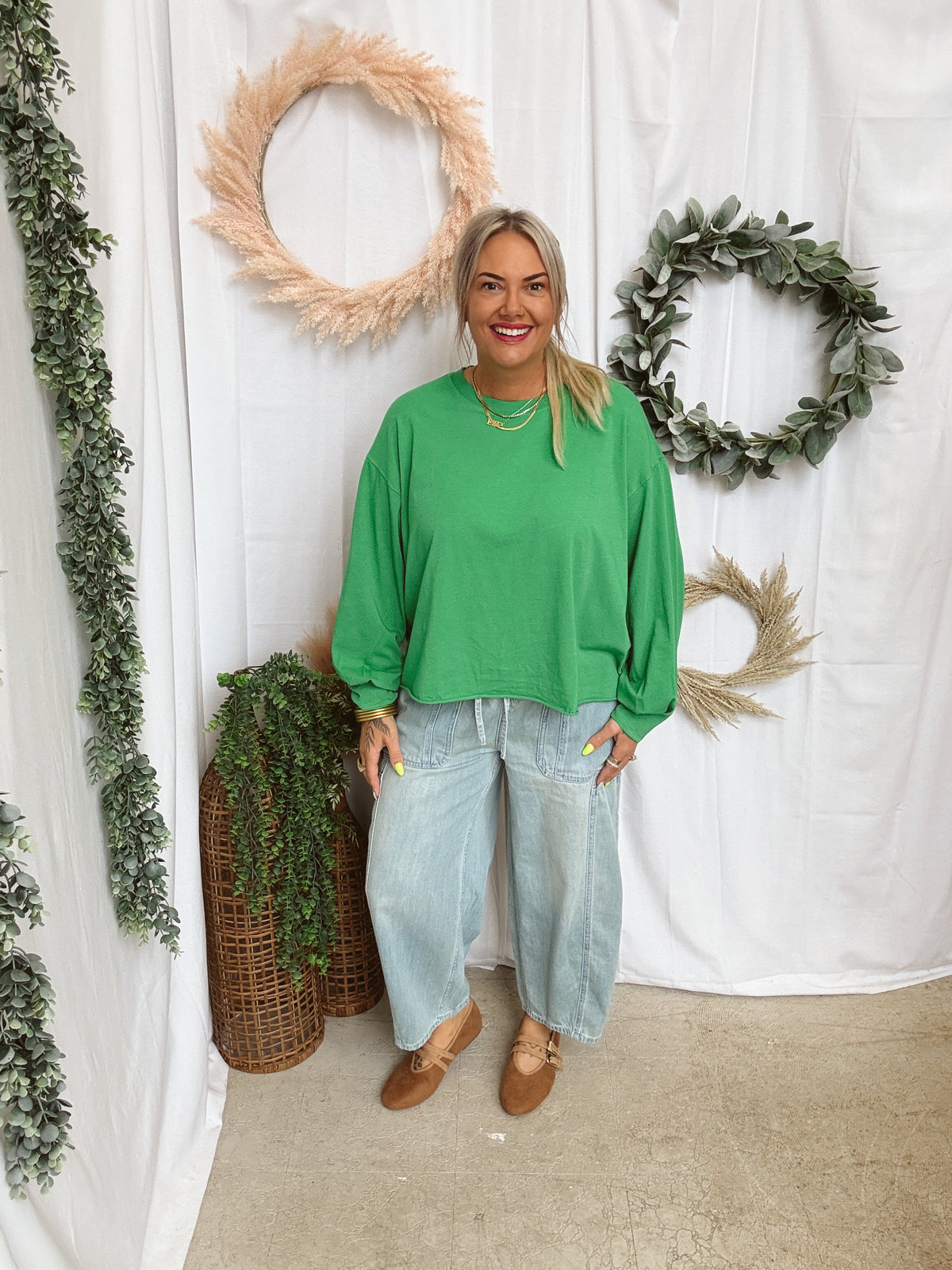 Mono B Pima Long Sleeve Boxy Tee-Green-Long Sleeve Tops-mono b-The Silo Boutique, Women's Fashion Boutique Located in Warren and Grand Forks North Dakota