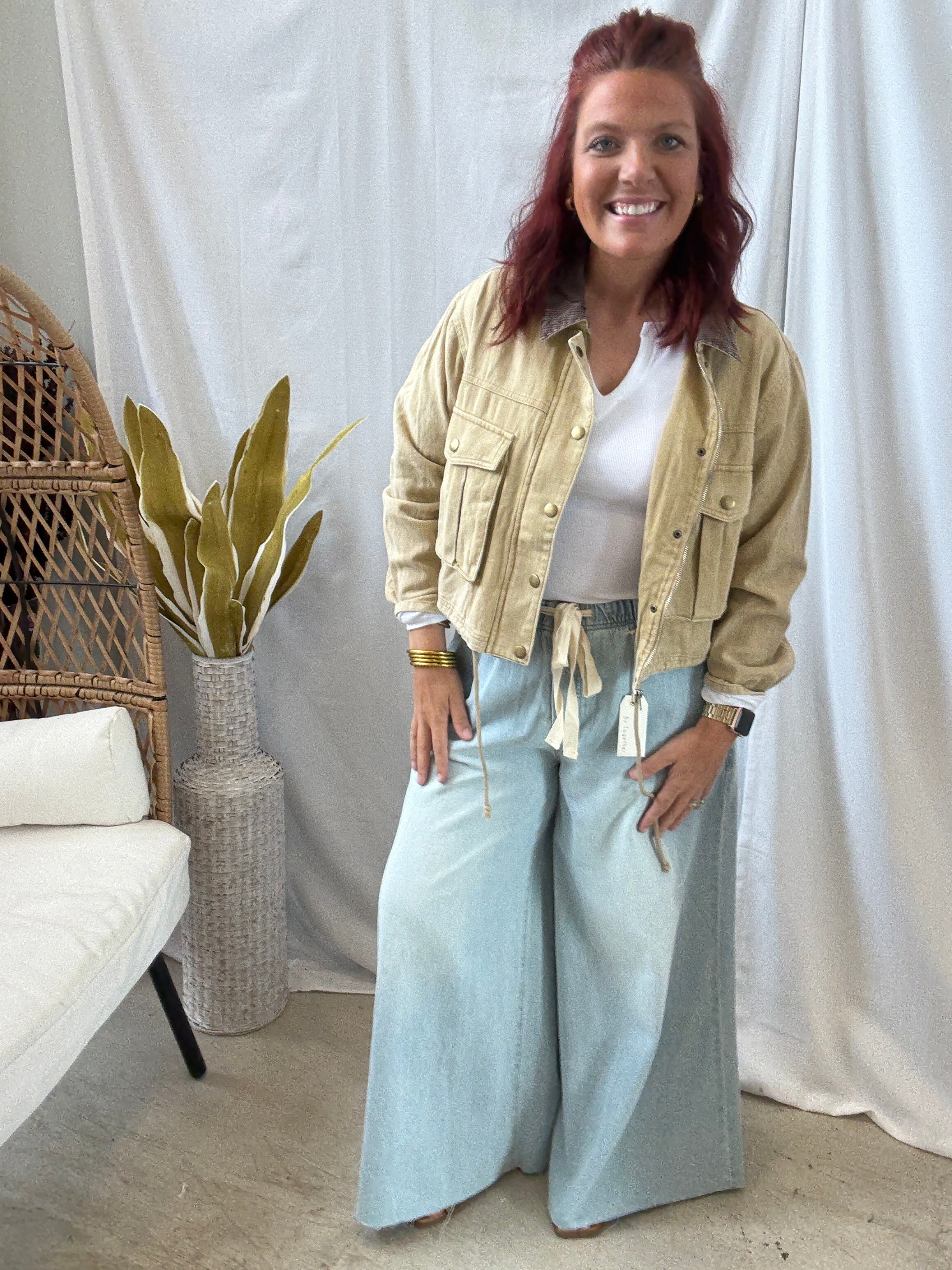 Corduroy Collar Twill Jacket-Sand-Coats & Jackets-hem and thread-The Silo Boutique, Women's Fashion Boutique Located in Warren and Grand Forks North Dakota