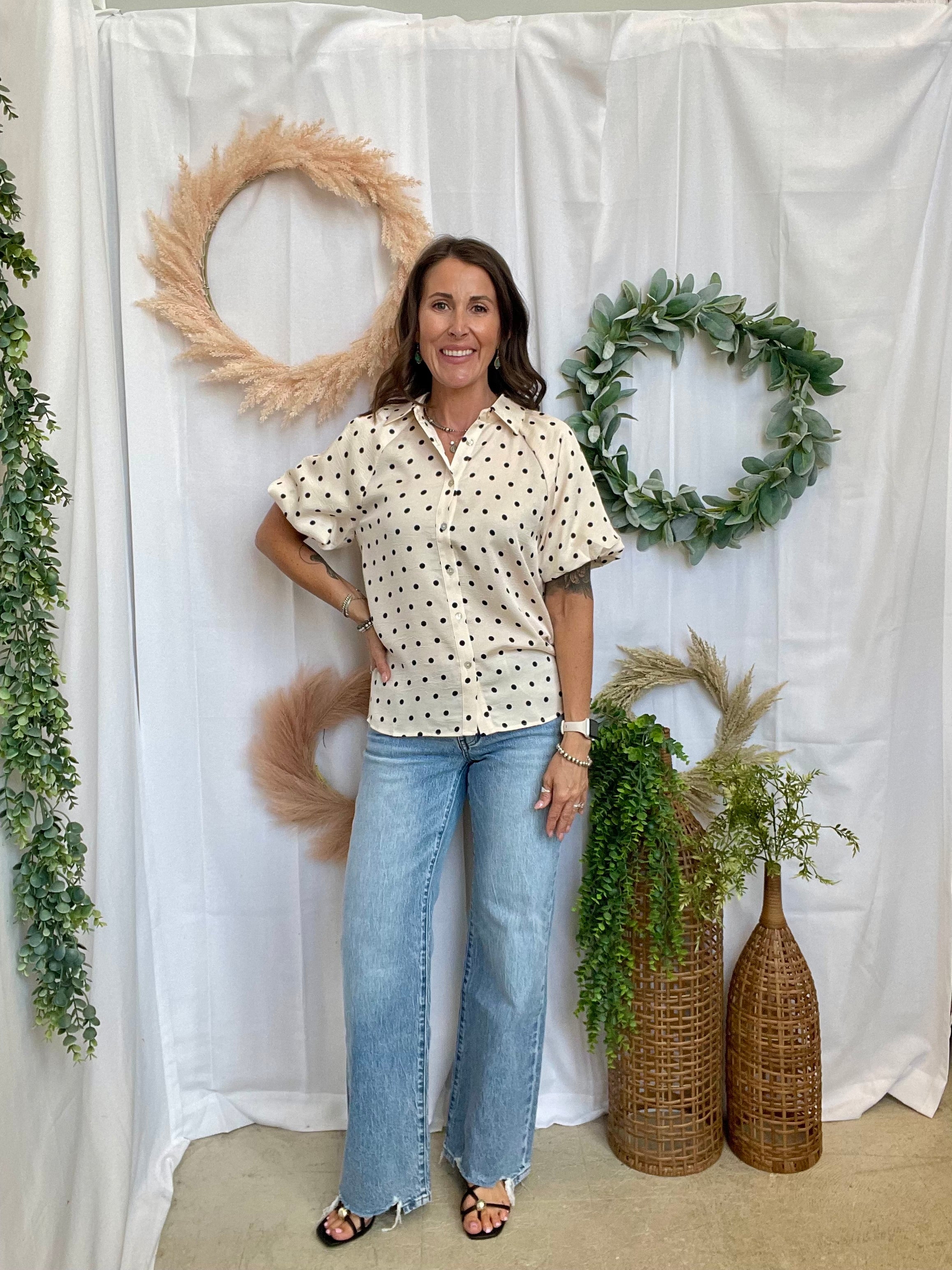Rae Polka Dot Button Down Top-Short Sleeve Tops-Doe and Rae-The Silo Boutique, Women's Fashion Boutique Located in Warren and Grand Forks North Dakota