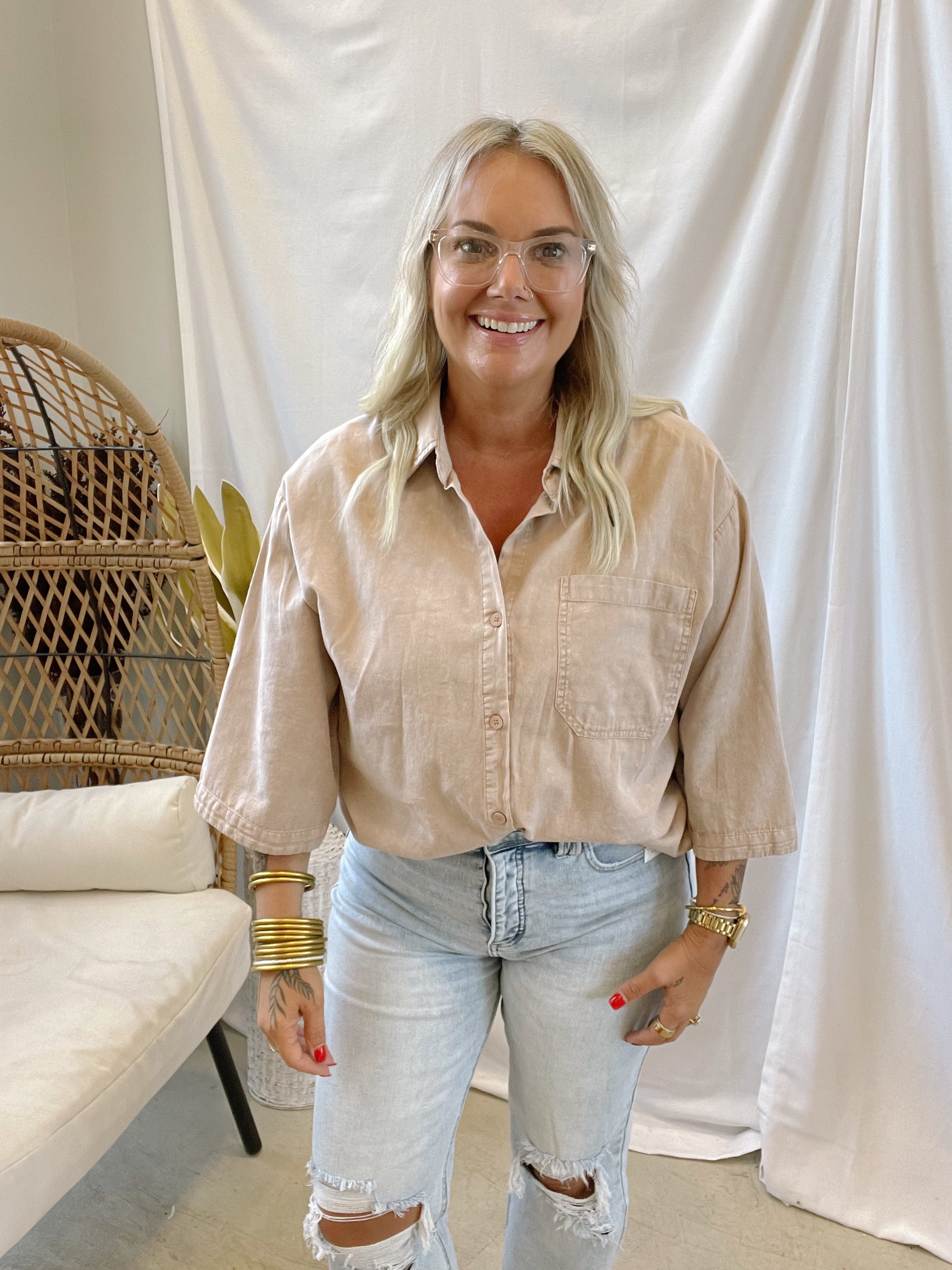 Taupe Button Down Long Sleeve Top-Long Sleeve Tops-hyfve-The Silo Boutique, Women's Fashion Boutique Located in Warren and Grand Forks North Dakota