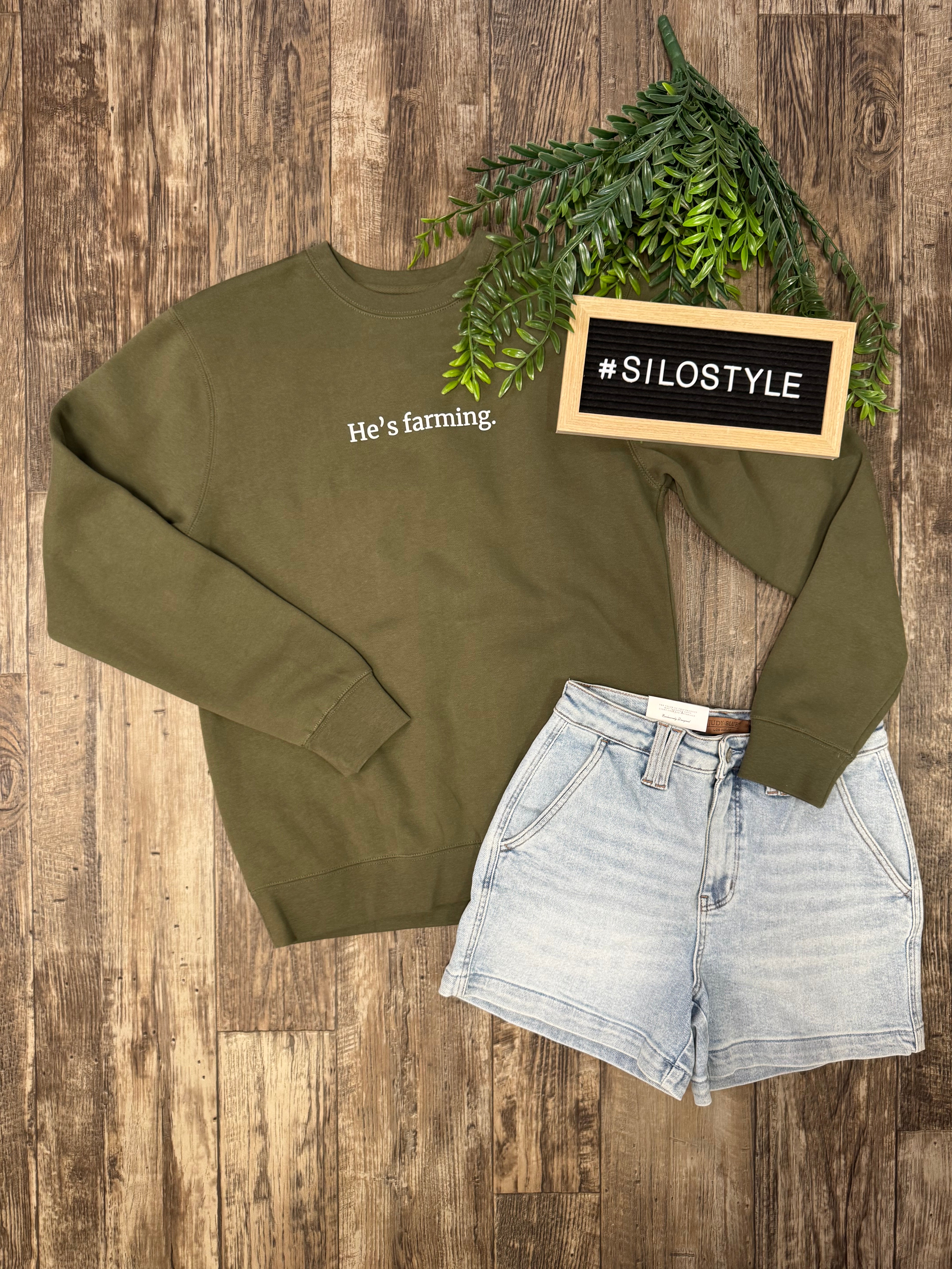Olive He's Farming Crew Sweatshirt-Sweatshirts-american farm company-The Silo Boutique, Women's Fashion Boutique Located in Warren and Grand Forks North Dakota