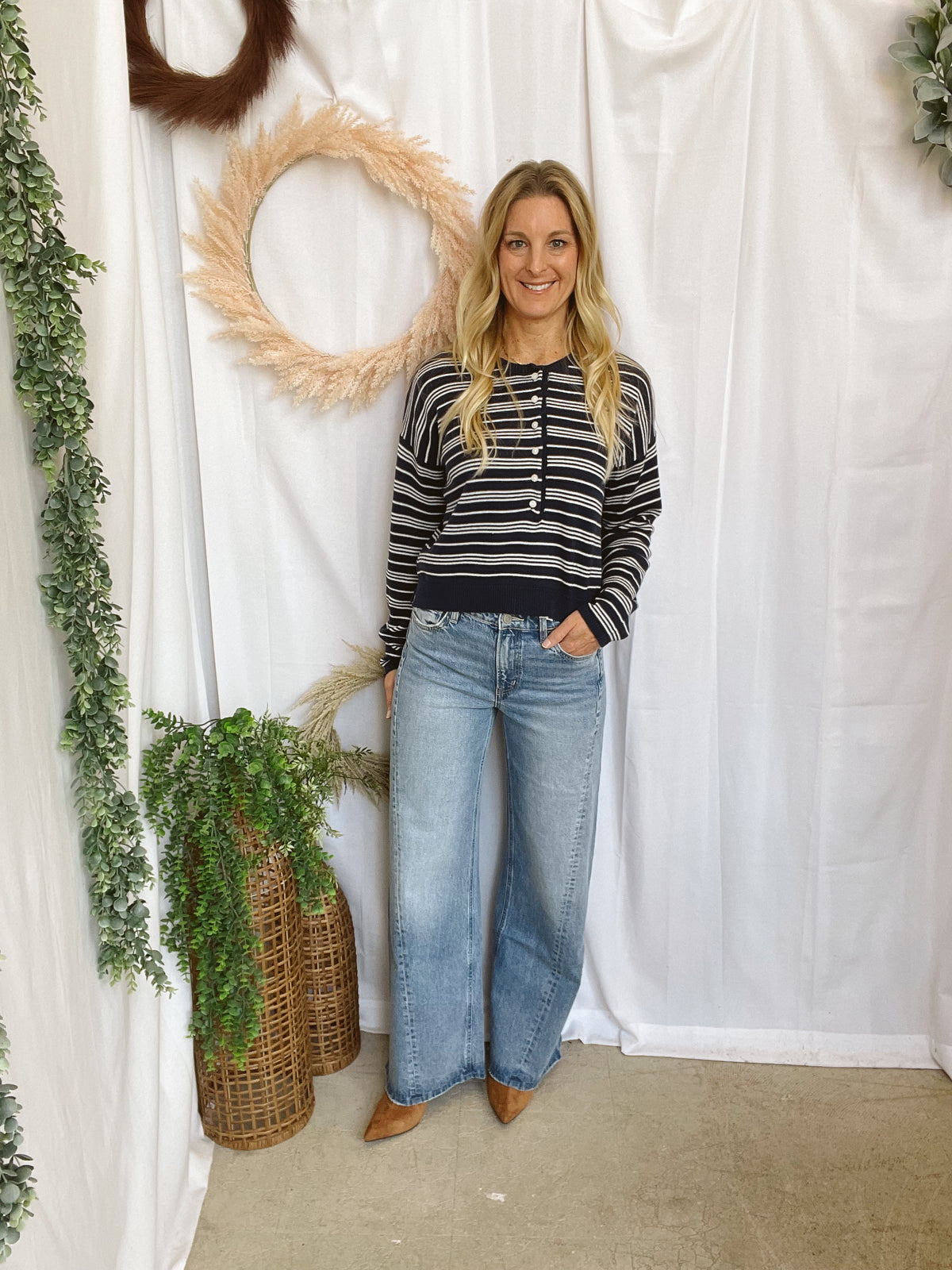 Nevaeh Striped Henley Sweater-Navy-Sweaters-hyfve-The Silo Boutique, Women's Fashion Boutique Located in Warren and Grand Forks North Dakota