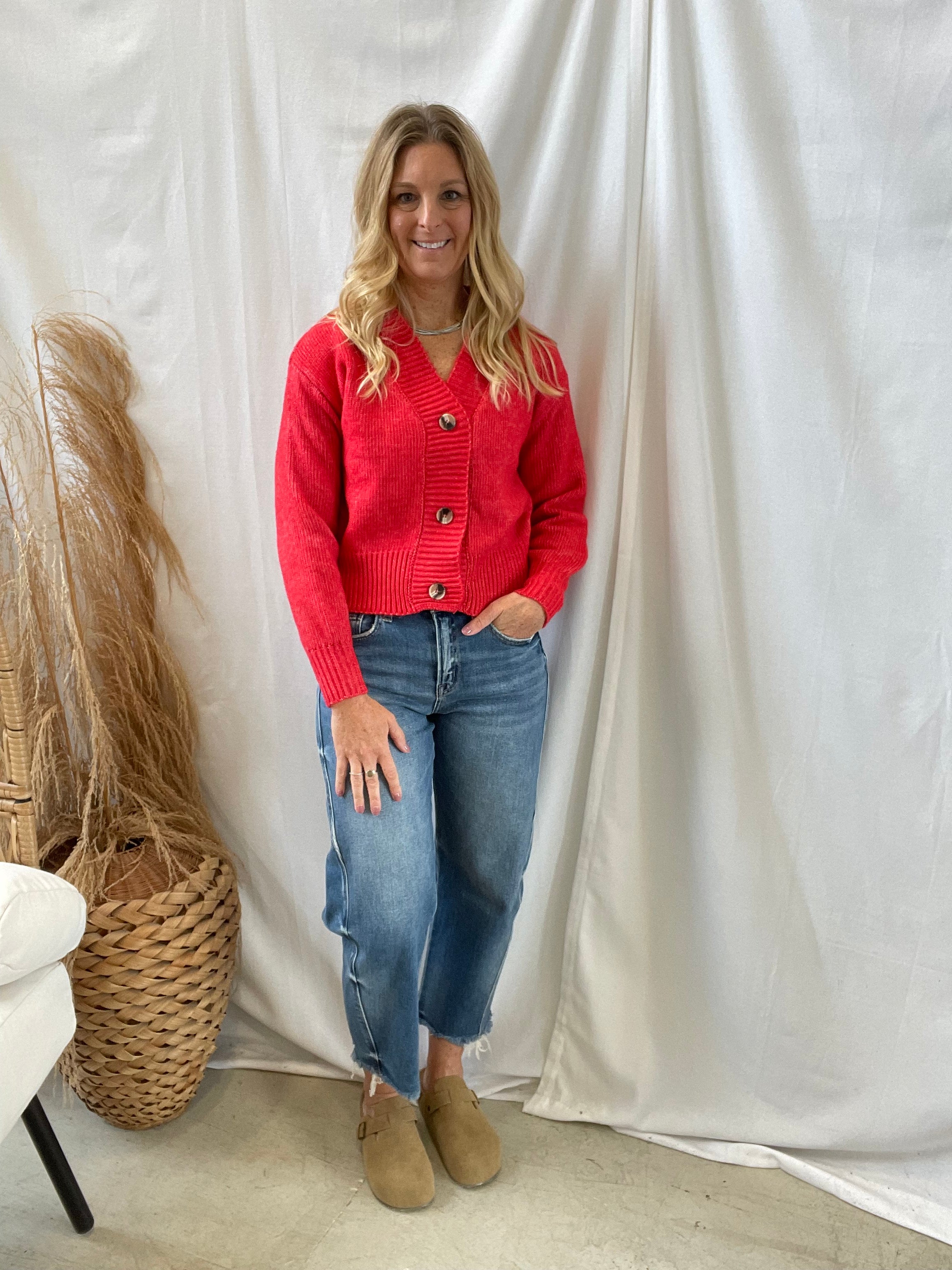 Zen Button Down Cardigan-Red-Cardigans-zenana-The Silo Boutique, Women's Fashion Boutique Located in Warren and Grand Forks North Dakota