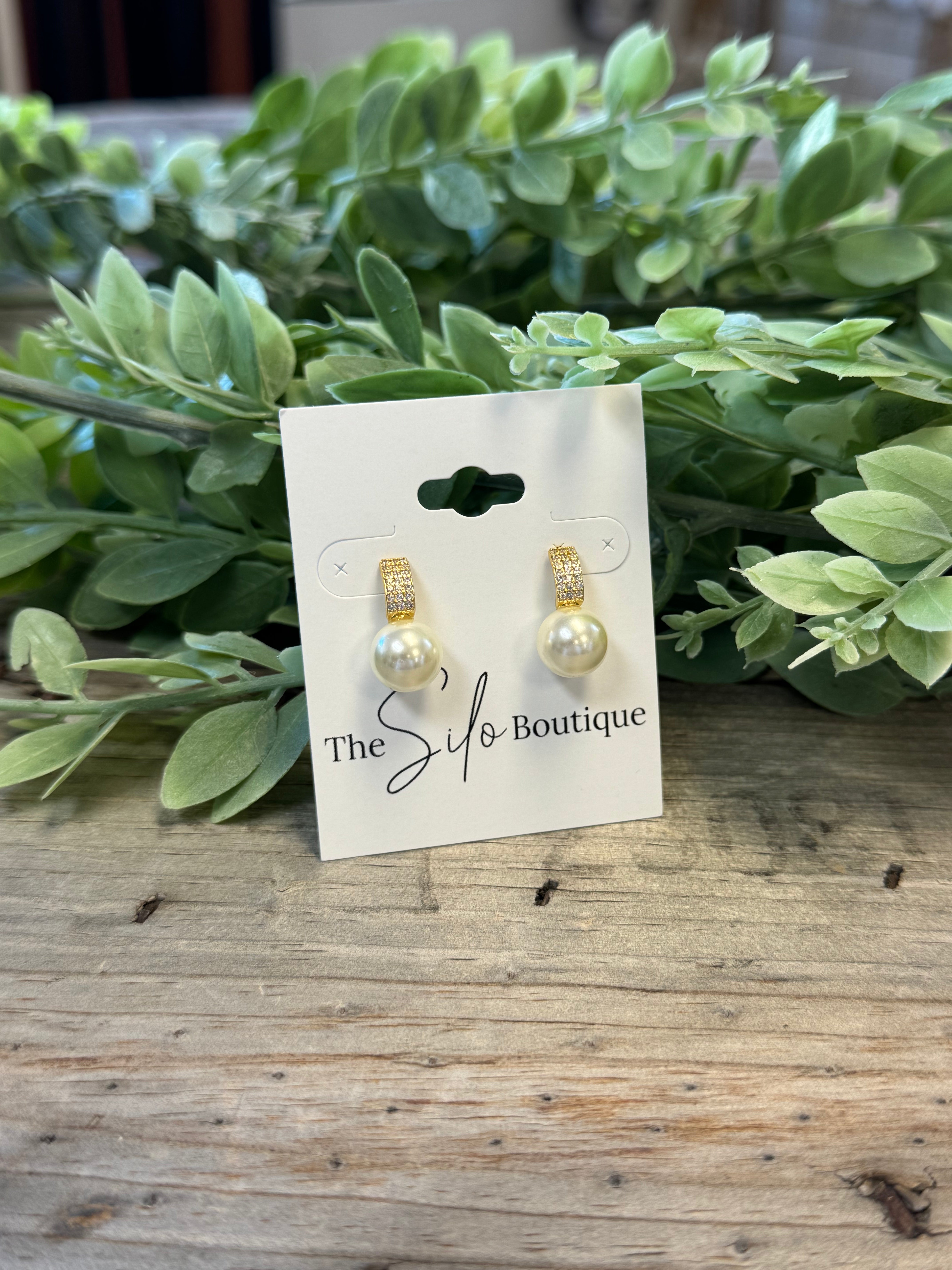 Rhinestone Pearl Huggie Earrings-Earrings-2unic-The Silo Boutique, Women's Fashion Boutique Located in Warren and Grand Forks North Dakota