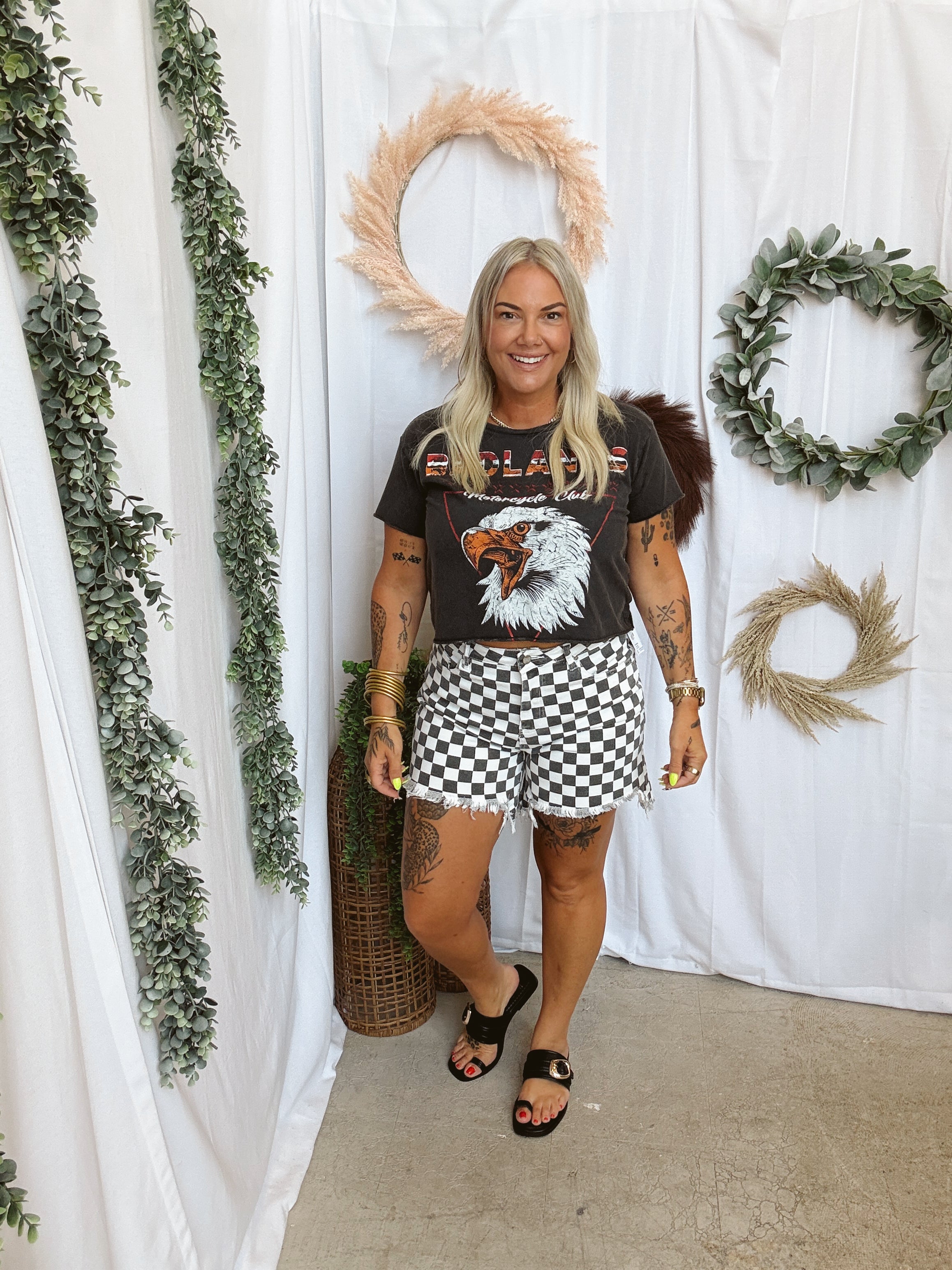 Creek Checkered Denim Shorts-Shorts-sterling kreek-The Silo Boutique, Women's Fashion Boutique Located in Warren and Grand Forks North Dakota