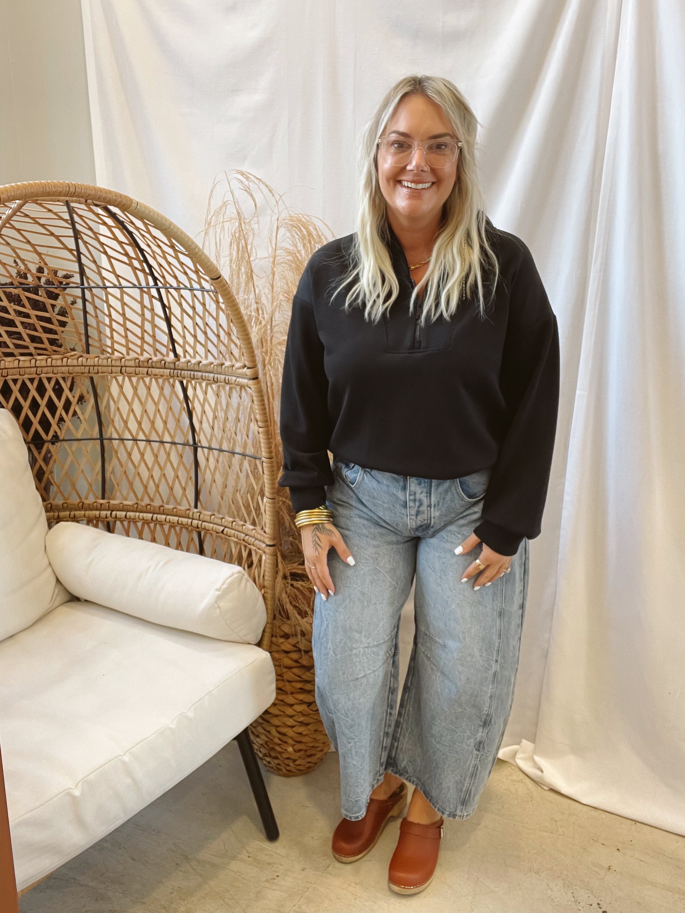 Rae Scuba Luxe V Neck Sweatshirt-Black-Sweatshirts-rae mode-The Silo Boutique, Women's Fashion Boutique Located in Warren and Grand Forks North Dakota